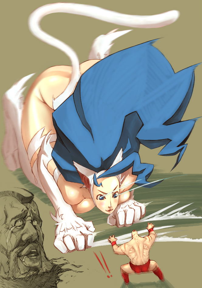 kurohachi, felicia (darkstalkers), zangief, capcom, darkstalkers, street fighter, bad id, bad pixiv id, 1boy, 1girl, action, all fours, animal ears, animal hands, big hair, blue eyes, blue hair, giant, giantess, long hair, tail