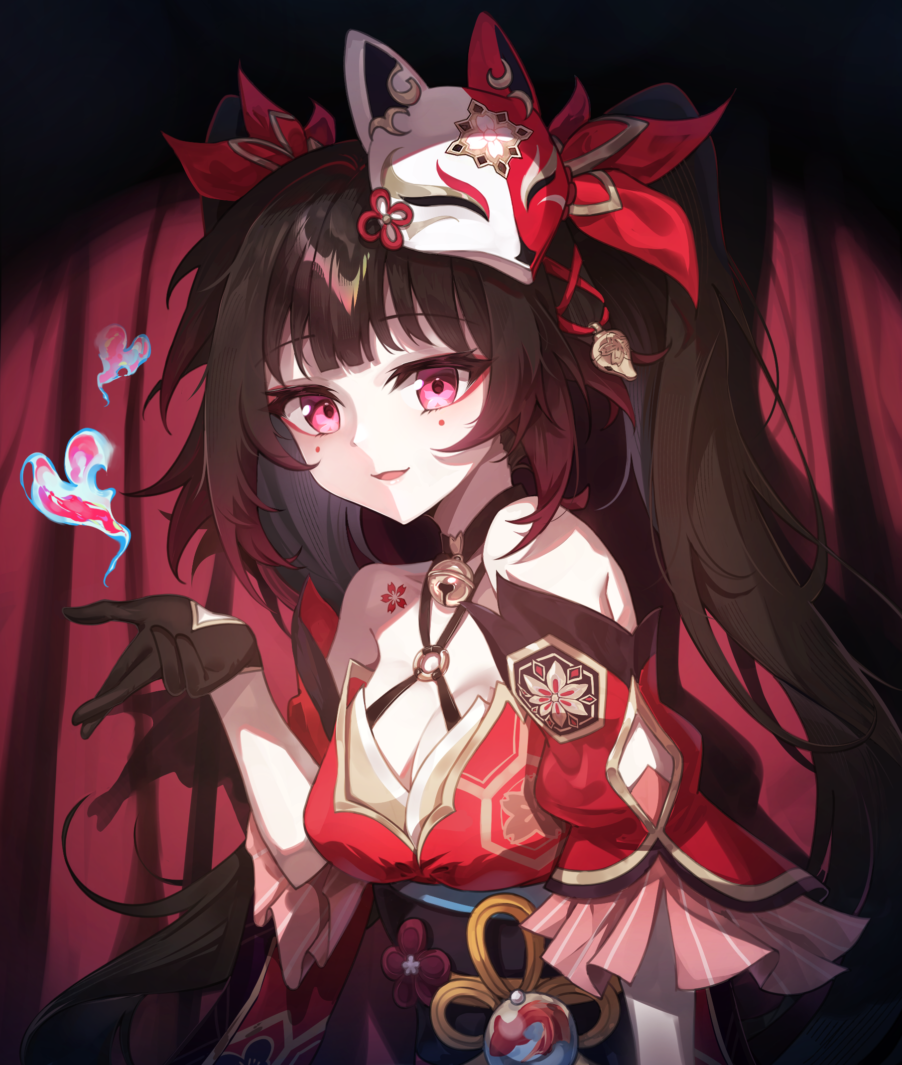 layer (layer illust), sparkle (honkai: star rail), honkai: star rail, honkai (series), commentary request, highres, 1girl, bare shoulders, bell, black choker, black gloves, breasts, brown hair, choker, cleavage, criss-cross halter, detached sleeves, dress, fox mask, gloves, halterneck, long hair, looking at viewer, mark under both eyes, mask, mask on head, neck bell, o-ring, o-ring top, pink eyes, red dress, red sleeves, smile, solo, twintails, upper body