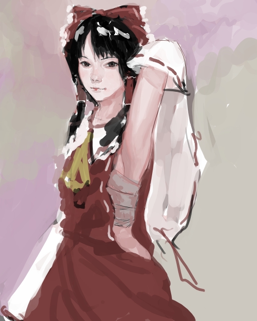 suiso, suiso (pixiv2839), hakurei reimu, mountain of faith, touhou, bad id, bad pixiv id, 1girl, ascot, female focus, japanese clothes, long hair, miko, ribbon, sarashi, solo, yellow ascot