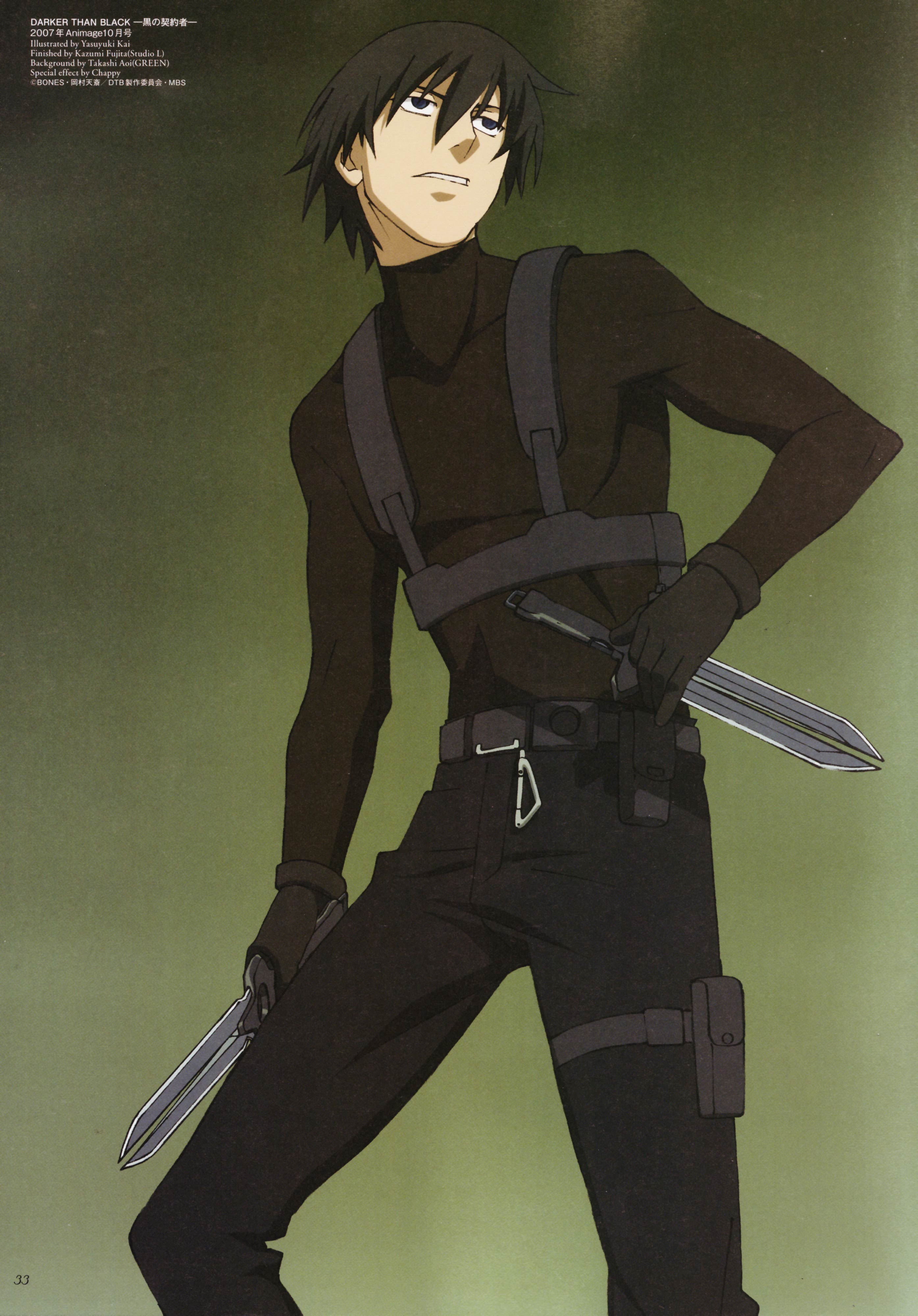 hei (darker than black), darker than black, absurdres, highres, scan, 00s, 1boy, black gloves, black hair, gloves, knife, male focus, solo, thigh strap, weapon