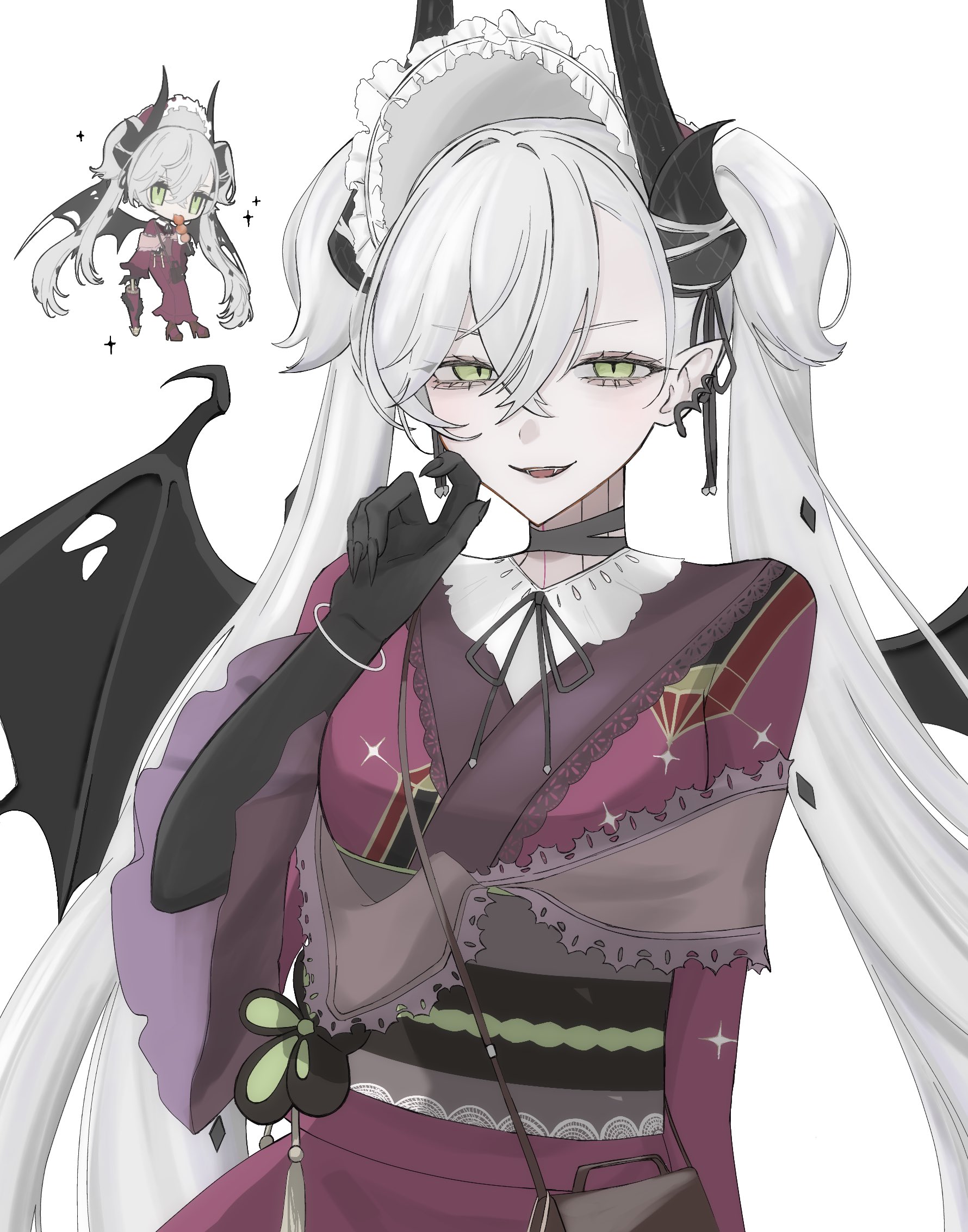 lilith (fate), fate/grand order, fate (series), highres, 1girl, bag, bat wings, demon horns, earrings, green eyes, horns, japanese clothes, jewelry, kimono, l8 rz, long hair, looking at viewer, red kimono, single earring, smile, solo, twintails, white hair, wings