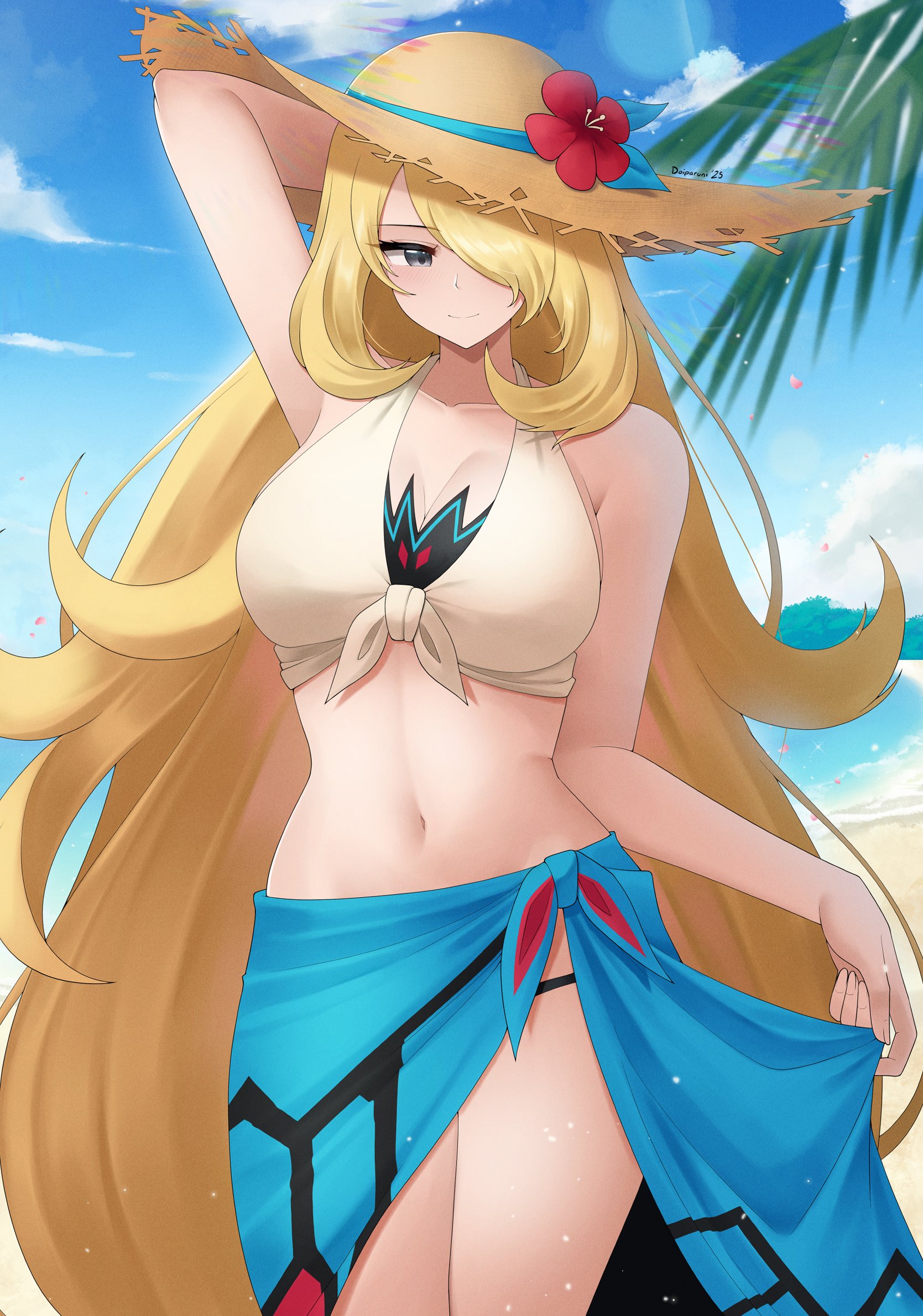 doiparuni, cynthia (pokemon), cynthia (summer 2025) (pokemon), nintendo, pokemon, pokemon masters ex, highres, 1girl, arms up, beach, bikini, blonde hair, blue sarong, blue sky, blush, breasts, brown hat, closed mouth, cloud, crop top, flower, flower hat, grey eyes, hair over one eye, hat, hat flower, long hair, looking at viewer, navel, ocean, official alternate costume, outdoors, palm tree, sarong, shirt, sky, smile, solo, straw hat, sun hat, swimsuit, tied shirt, tree, very long hair, water