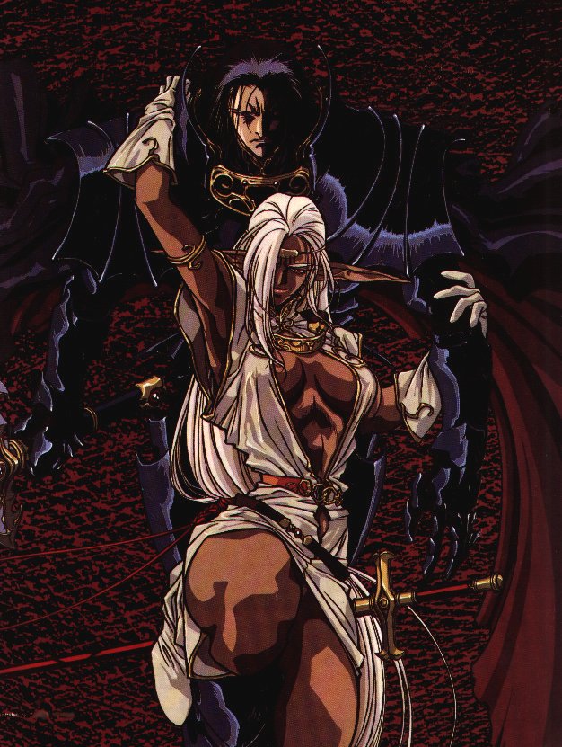 yuuki nobuteru, ashram (lodoss), pirotess, record of lodoss war, arm grab, 1boy, 1girl, arm up, armlet, armor, armpits, arms up, belt, black hair, boots, breasts, center opening, circlet, cleavage, couple, dark-skinned female, dark elf, dark skin, dress, elf, gloves, hetero, hug, jewelry, large breasts, leg lift, lipstick, lodoss to senki, long hair, makeup, no bra, plate armor, pointy ears, short dress, smile, sword, very long hair, weapon, white hair