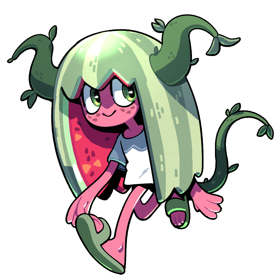 discount-supervillain, original, colored skin, deformed, demon girl, demon horns, demon tail, food-themed hair, green eyes, green hair, horns, leaf, pink skin, sandals, shirt, slides, solo, t-shirt, tail, toon (style), walking
