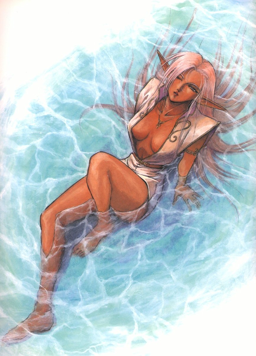 pirotess, record of lodoss war, highres, 1girl, arm support, barefoot, breasts, cleavage, dark-skinned female, dark skin, elf, eyebrows hidden by hair, female focus, legs, long hair, one eye closed, pointy ears, solo, submerged, very long hair, water, white hair, wink