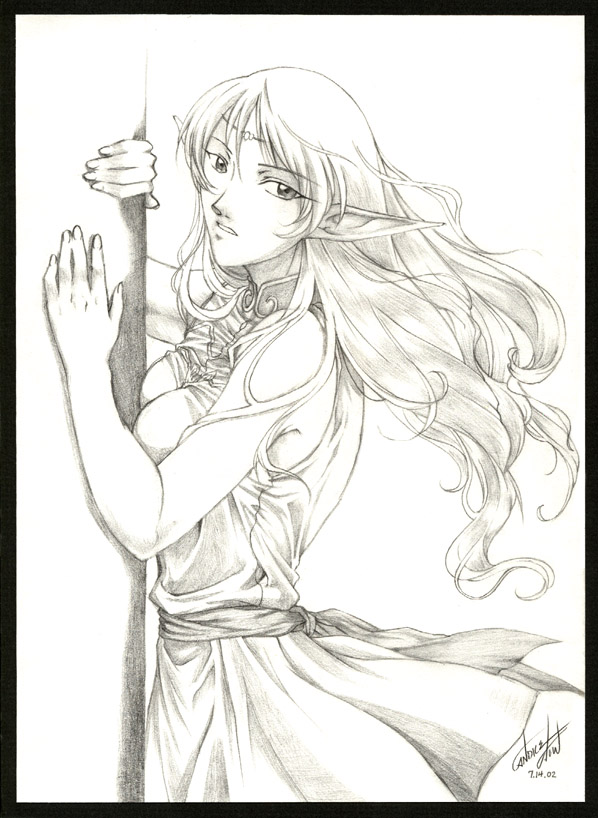 deedlit, record of lodoss war, artist request, 1girl, elf, female focus, impossible clothes, monochrome, pointy ears, solo