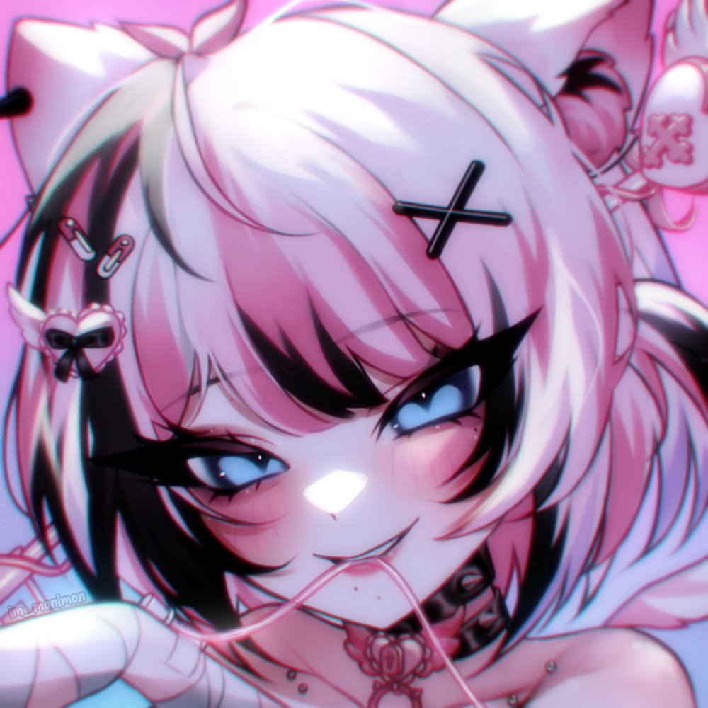 indie virtual youtuber, commentary, symbol-only commentary, 1girl, animal ears, bare shoulders, black choker, black streaks, blue eyes, blush, bochii (vtuber), cat ears, cat girl, choker, hair ornament, heart, heart hair ornament, im monimon, looking at viewer, multicolored hair, parted bangs, parted lips, pink background, pink streaks, portrait, simple background, smile, solo, streaked hair, virtual youtuber, white hair, x hair ornament