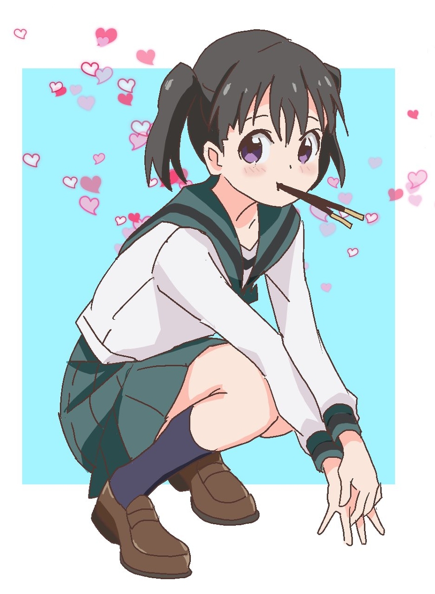 yamanety, kuraue hinata, yama no susume, 1girl, black hair, blue socks, blush, collarbone, dot nose, eating, female focus, food, green sailor collar, green skirt, hair between eyes, heart, long sleeves, looking at viewer, pocky, purple eyes, sailor collar, school uniform, serafuku, shirt, shoes, simple background, skirt, socks, solo, squatting, white shirt, winter uniform
