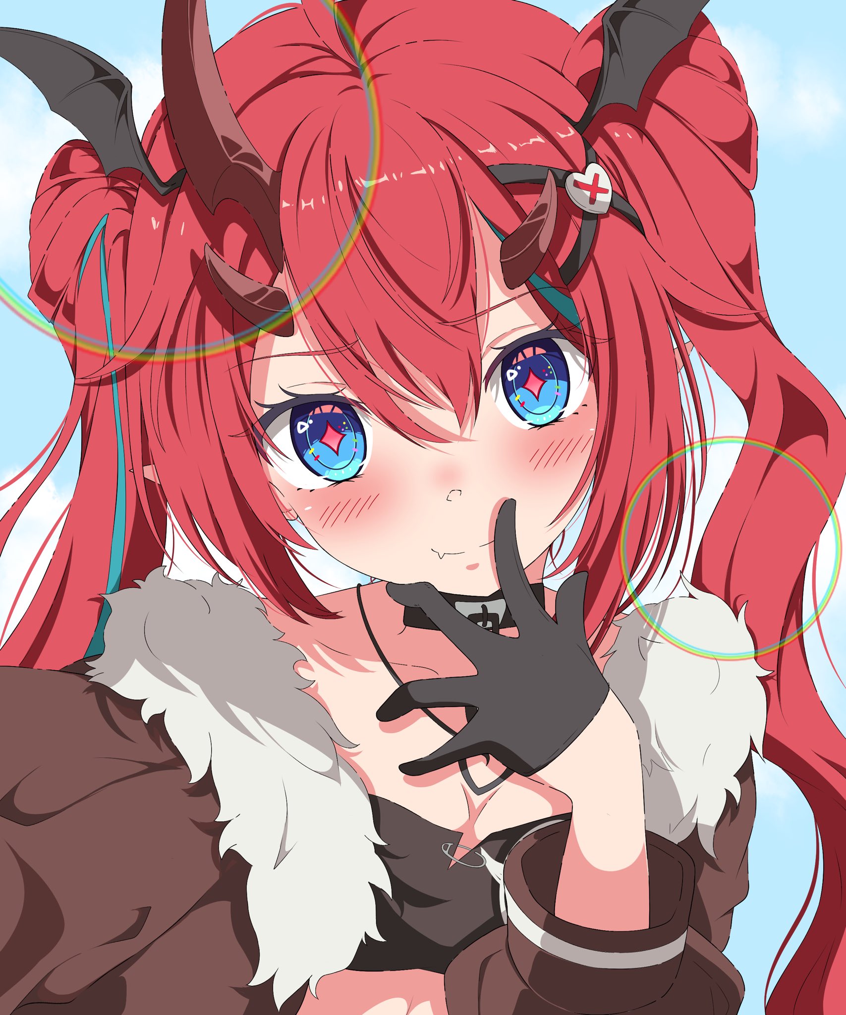 setsugetsuka436, starward, highres, + +, 1girl, black choker, black gloves, blue eyes, blush, breasts, brown jacket, choker, cleavage, closed mouth, demon horns, emika (starward), fang, fang out, fur-trimmed jacket, fur trim, gloves, hair between eyes, hair ornament, half gloves, head wings, horns, jacket, long hair, looking at viewer, multicolored hair, red hair, selfie, skin fang, solo, streaked hair, twintails, upper body, virtual youtuber, wings