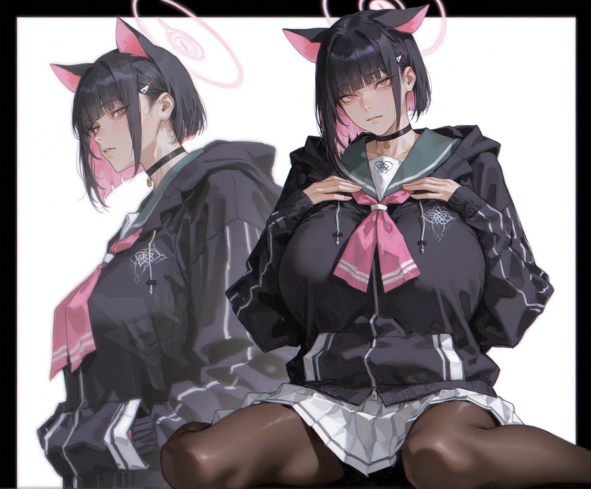 mukurout, kazusa (blue archive), blue archive, highres, 1girl, alternate breast size (larger), animal ears, black border, black choker, black hair, black jacket, black pantyhose, blunt ends, bob cut, border, cat ears, choker, colored inner hair, drawstring, emblem, extra ears, from side, full body, green sailor collar, hair behind ear, hair ornament, hairclip, halo, hands in pockets, hood, hood down, hooded jacket, jacket, long sleeves, looking at viewer, miniskirt, multicolored hair, multiple expressions, multiple views, neckerchief, pantyhose, pendant choker, pink eyes, pink halo, pink neckerchief, pleated skirt, sailor collar, school uniform, serafuku, short hair, single ear down, sitting, skirt, sleeves past wrists, standing, straight hair, striped clothes, trinity general school logo, weapon, white background, white skirt