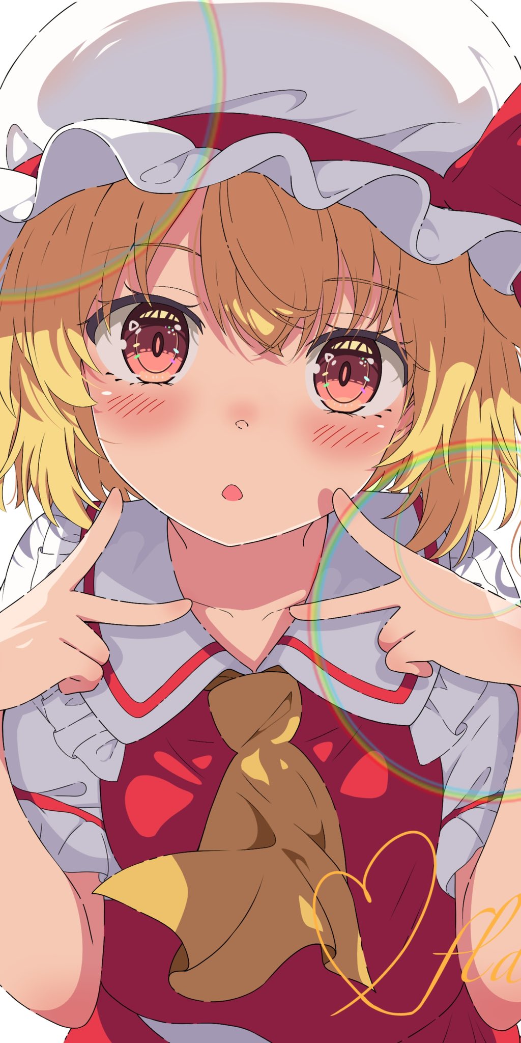 setsugetsuka436, flandre scarlet, touhou, highres, 1girl, :o, ascot, blonde hair, blush, collarbone, collared shirt, double v, frilled shirt collar, frills, hair between eyes, hat, looking at viewer, mob cap, one side up, open mouth, puffy short sleeves, puffy sleeves, rainbow, red eyes, red vest, shirt, short sleeves, simple background, solo, upper body, v, vest, white background, white shirt, yellow ascot