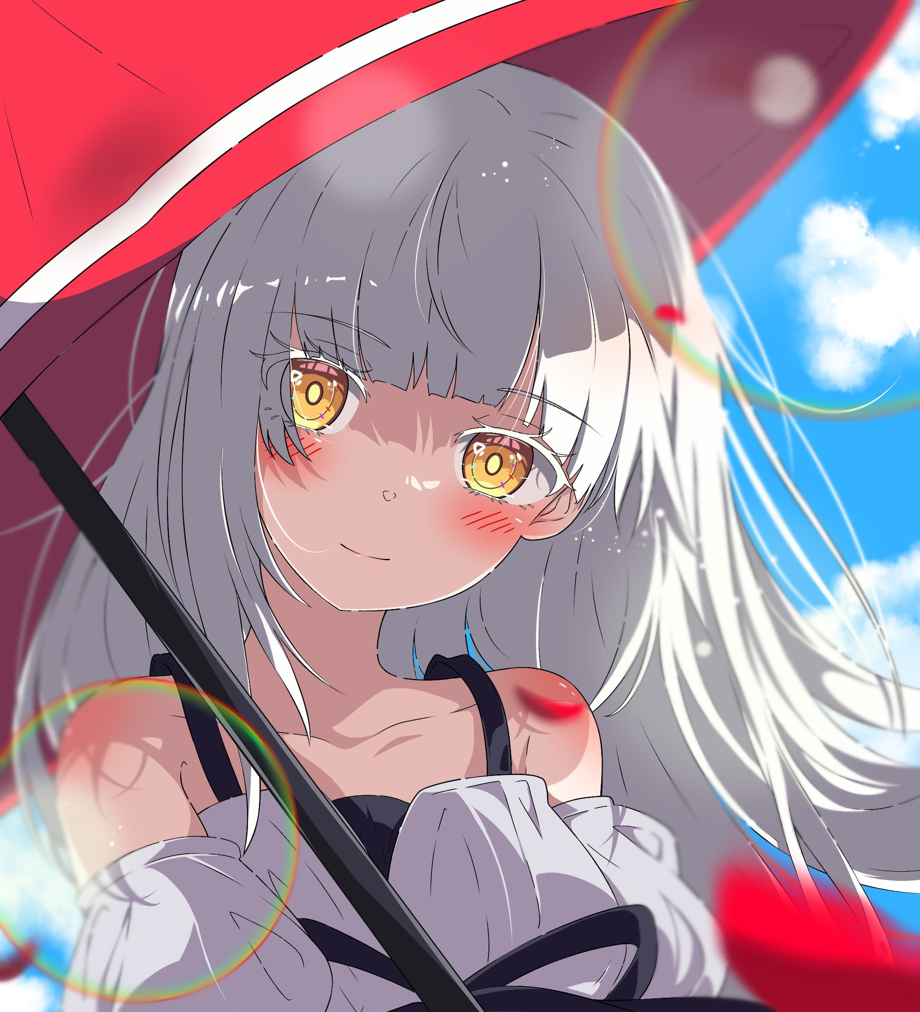 setsugetsuka436, starward, character request, highres, 1girl, bare shoulders, blue sky, blush, closed mouth, cloud, collarbone, dress, holding, holding umbrella, long hair, looking at viewer, red umbrella, sky, smile, solo, umbrella, upper body, white hair, yellow eyes