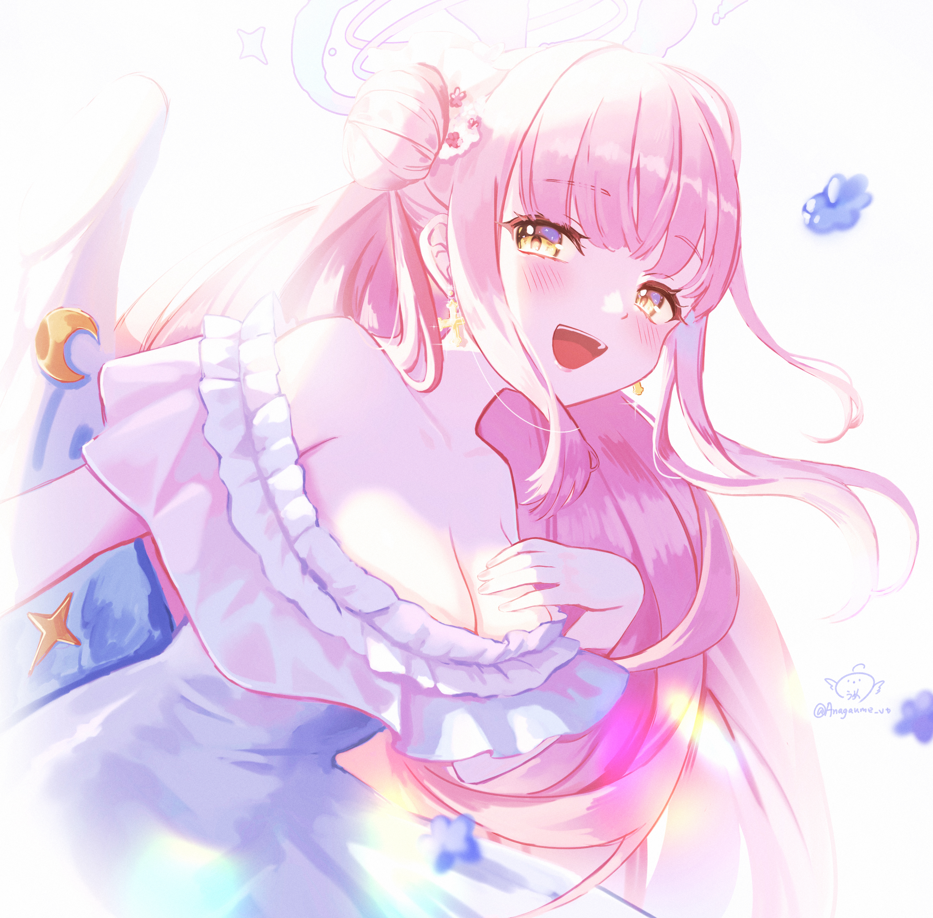 anagaume, mika (blue archive), blue archive, absurdres, highres, 1girl, alternate costume, angel wings, bare shoulders, blush, breasts, cleavage, collarbone, dress, earrings, feathered wings, flower, frilled dress, frills, hair bun, hair flower, hair ornament, halo, hand on own chest, jewelry, large breasts, looking at viewer, low wings, open mouth, pink halo, signature, simple background, single hair bun, single side bun, smile, solo, white background, white dress, white wings, wing ornament, wings