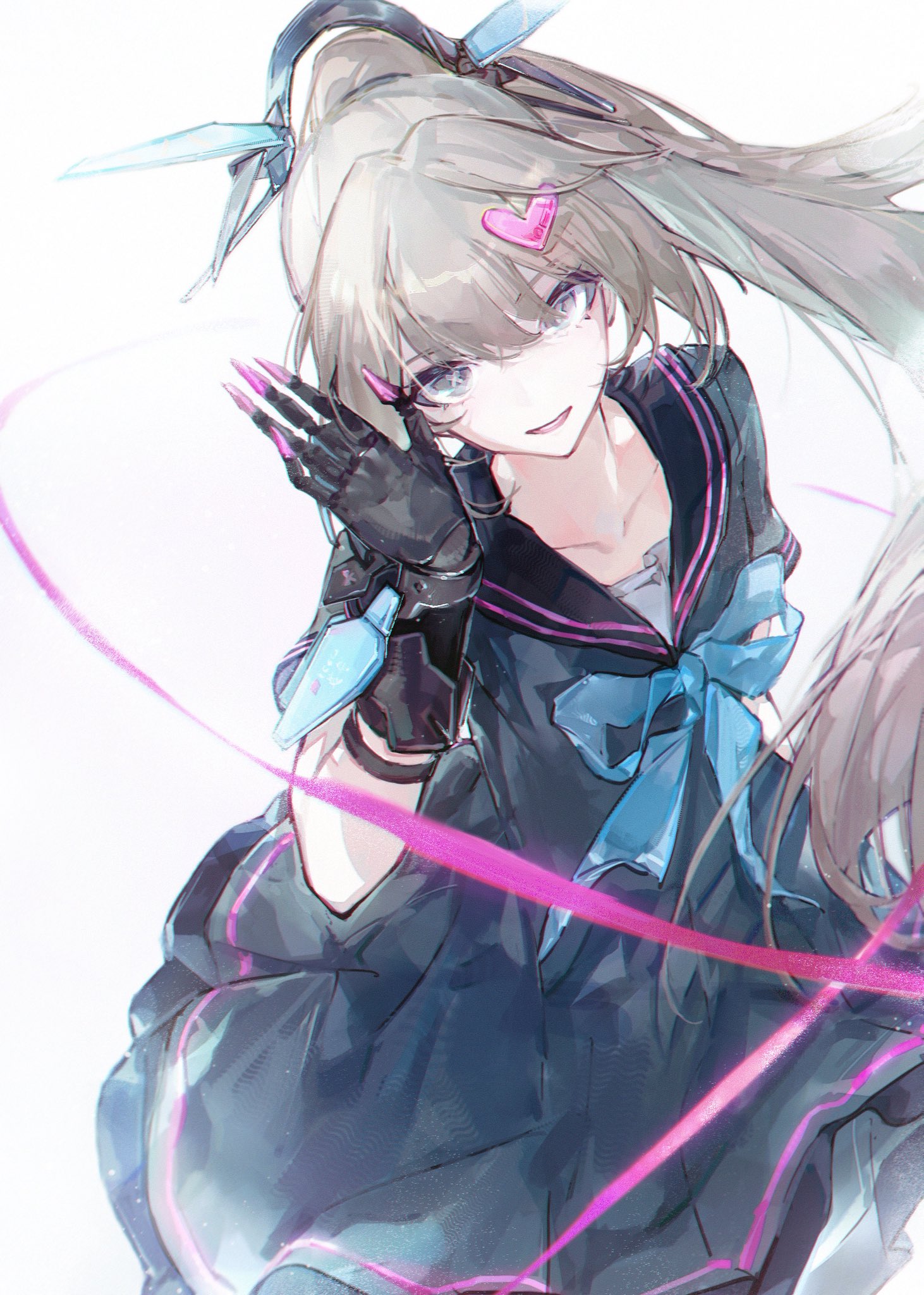 zeyal li hai, nanami: pulse (pgr), nanami (pgr), punishing: gray raven, highres, 1girl, black dress, black sailor collar, black serafuku, blue bow, blue bowtie, bow, bowtie, dress, grey eyes, grey hair, hair ornament, headgear, heart, heart hair ornament, long hair, looking at viewer, mechanical hands, parted lips, pink nails, ponytail, sailor collar, school uniform, serafuku, solo