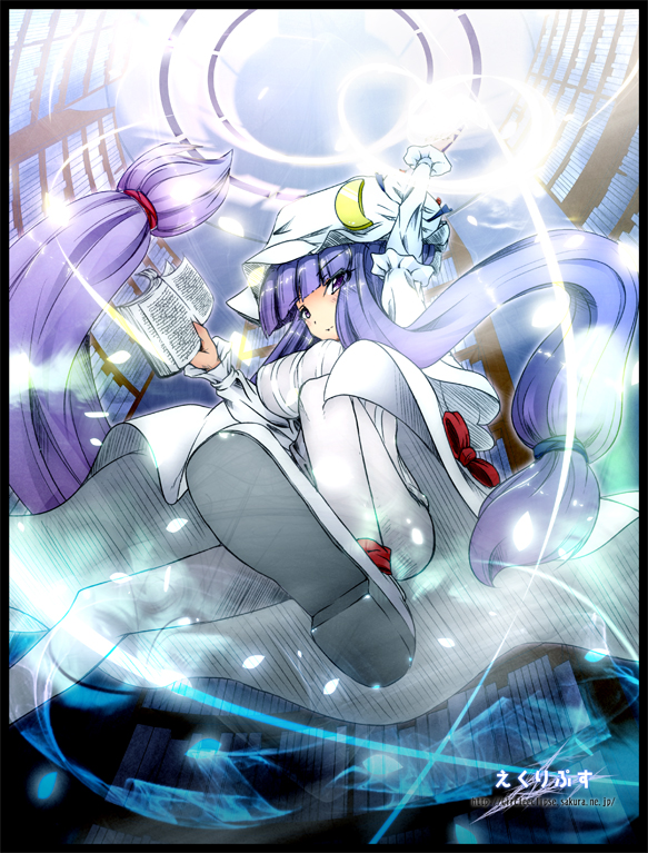 oborozuki, rougetsu (eclipse), patchouli knowledge, touhou, bad id, bad pixiv id, 1girl, book, female focus, hat, library, long hair, purple hair, ribbon, solo, voile, window