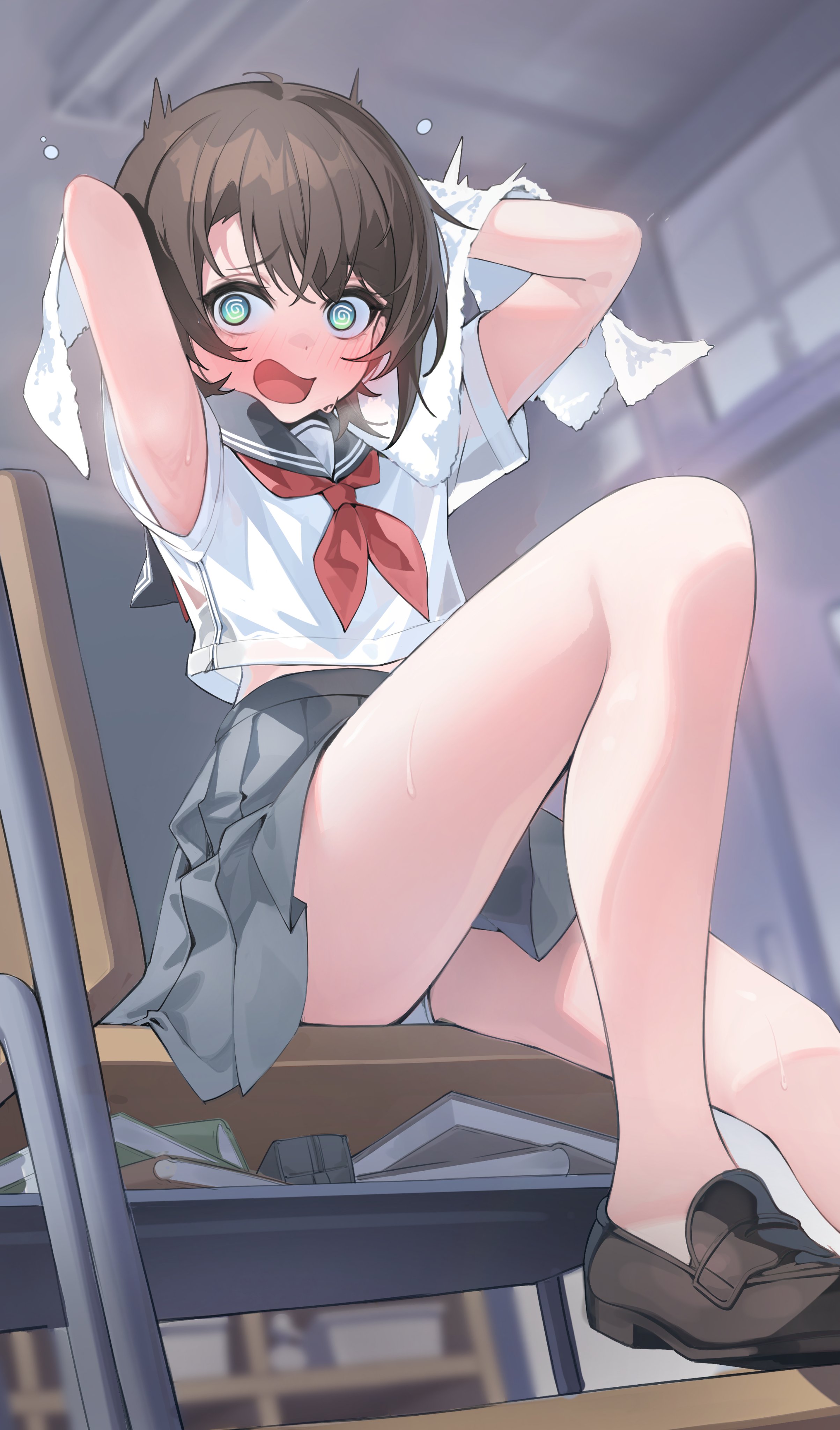 future cake, oozora subaru, hololive, absurdres, commentary request, highres, 1girl, @ @, black hair, black shoes, blush, book, breath, classroom, crossed bangs, desk, drying, drying hair, flustered, foot out of frame, furrowed brow, green eyes, grey sailor collar, grey skirt, indoors, legs, loafers, looking at viewer, midriff peek, neckerchief, on desk, open mouth, panties, pantyshot, pencil case, pleated skirt, red neckerchief, sailor collar, school desk, school uniform, shirt, shoes, short hair, short sleeves, sitting, skirt, solo, sweat, thighs, towel, underwear, virtual youtuber, white panties, white shirt