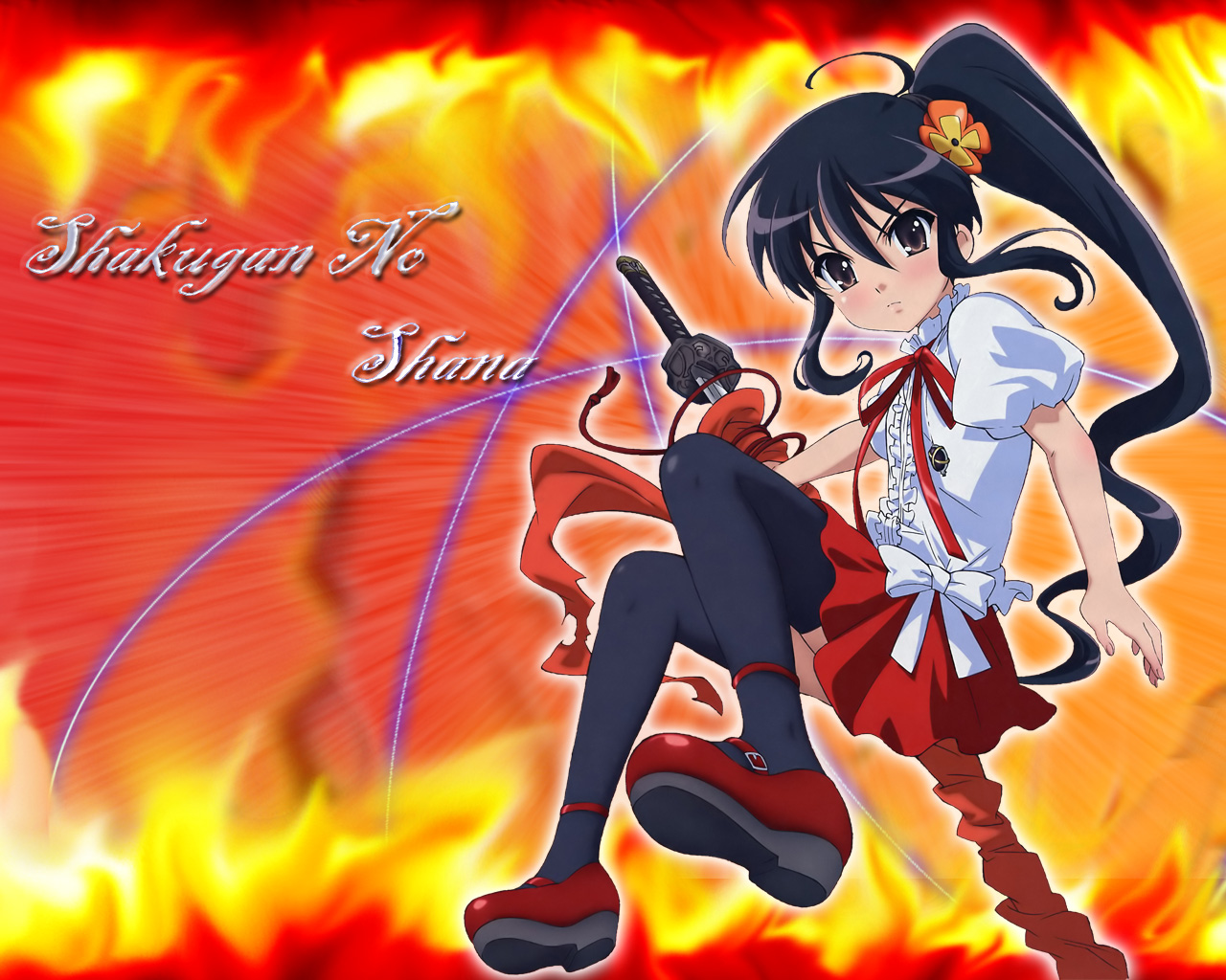 alastor (shakugan no shana), shana, shakugan no shana, 00s, 1girl, black eyes, black hair, black thighhighs, casual, female focus, fire, jewelry, pendant, ponytail, solo, sword, thighhighs, weapon