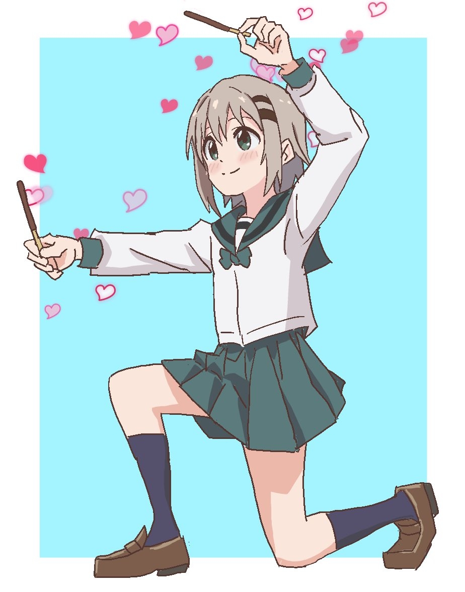 yamanety, yukimura aoi, yama no susume, 1girl, black skirt, blush, closed mouth, female focus, food, full body, green eyes, green sailor collar, grey hair, hair between eyes, hair ornament, hairclip, heart, holding, long sleeves, pocky, sailor collar, school uniform, serafuku, shirt, shoes, short hair, simple background, skirt, smile, socks, solo, white shirt, winter uniform