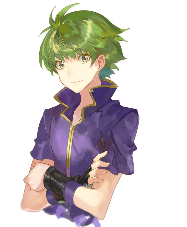 noki (affabile), wolt (fire emblem), fire emblem, fire emblem: the binding blade, nintendo, 1boy, closed mouth, crossed arms, gloves, green eyes, green hair, looking at viewer, purple tunic, tunic, upper body