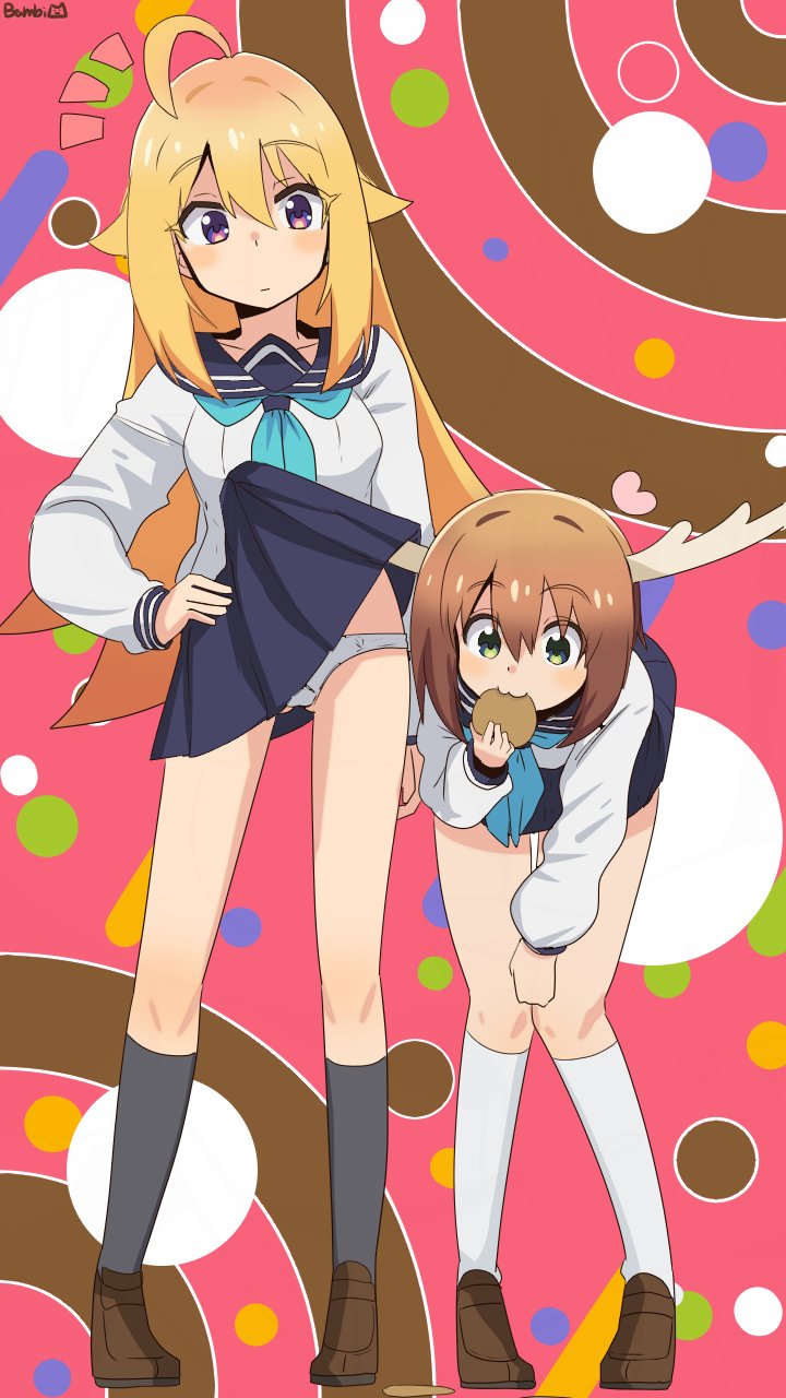 bambi2000line, koshi torako, shikanoko noko, shikanoko nokonoko koshitantan, highres, 2girls, :3, accidental exposure, ahoge, antlers, artist name, assisted exposure, bent over, blonde hair, blue neckerchief, blue sailor collar, blush, brown hair, brown shoes, clothes lift, deer antlers, deer cracker, deer girl, distracted, eating, full body, gluteal fold, green eyes, grey socks, hair between eyes, hand on own hip, hino minami high school uniform, horns, lifting another's clothes, loafers, long hair, long sleeves, looking at another, looking at food, multiple girls, neckerchief, notice lines, panties, pink background, polka dot, polka dot background, purple eyes, raised eyebrows, sailor collar, school uniform, serafuku, shirt, shoes, short hair, sidelocks, skirt, skirt caught on object, skirt lift, socks, standing, underwear, upskirt, white panties, white shirt, white socks