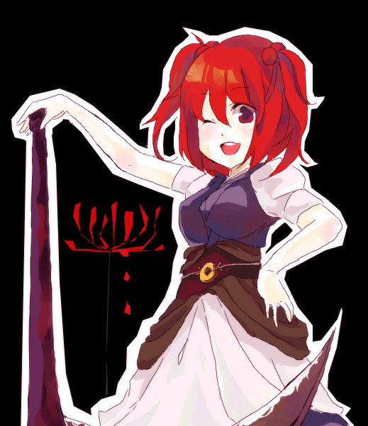 onozuka komachi, touhou, bad id, bad pixiv id, 1girl, black background, female focus, red hair, scythe, short hair, solo, standing