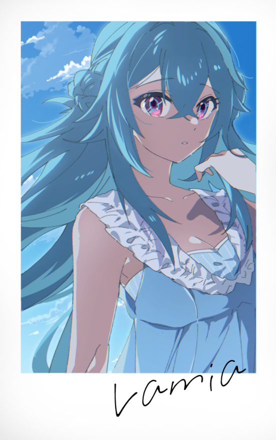 shiraeda, lamia: lost lullaby (pgr), lamia (pgr), punishing: gray raven, 1girl, alternate costume, aqua hair, bare arms, blue dress, blue hair, braid, character name, crossed bangs, dress, frilled dress, frills, hair between eyes, long hair, purple eyes, ringed eyes, sidelocks, solo