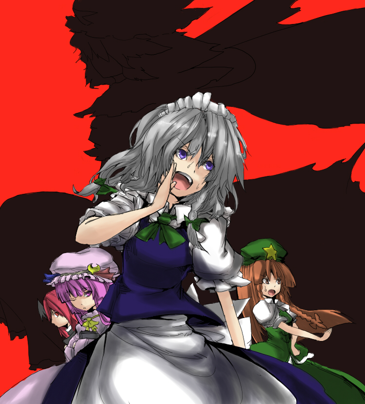 masuzou, hong meiling, izayoi sakuya, koakuma, patchouli knowledge, saigyouji yuyuko, touhou, 3girls, 5girls, book, china dress, chinese clothes, dress, female focus, long hair, maid, multiple girls, purple hair, red hair, shadow, short hair, white hair, wings