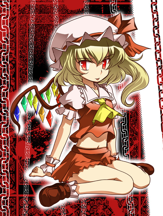 hige (tamamasu), flandre scarlet, touhou, 1girl, blonde hair, blouse, collared shirt, female focus, full body, hair between eyes, hat, mob cap, ponytail, red background, ribbon, shirt, skirt, solo, tongue, white shirt, wings