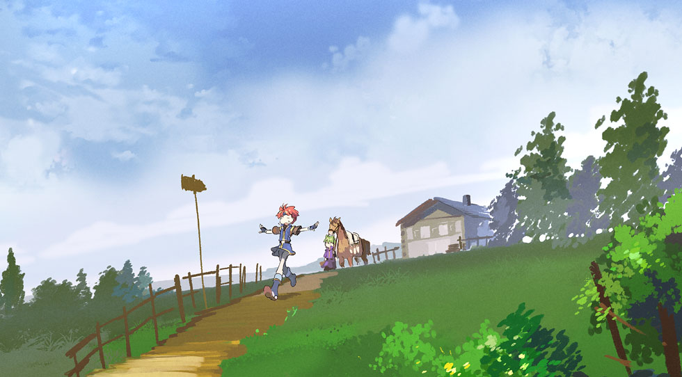 noki (affabile), roy (fire emblem), wolt (fire emblem), fire emblem, fire emblem: the binding blade, nintendo, 1other, 2boys, cloud, cloudy sky, grass, green hair, horse, house, multiple boys, outdoors, path, red hair, road, sign, sky, tree