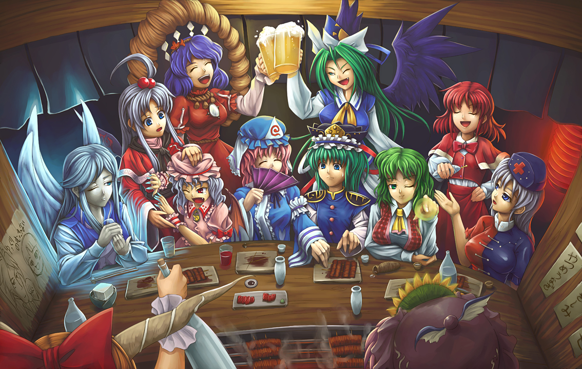 koto tsubane, houraisan kaguya, ibuki suika, kazami yuuka, konngara (touhou), mima (touhou), mystia lorelei, okazaki yumemi, remilia scarlet, saigyouji yuyuko, sariel (touhou), shiki eiki, shinki (touhou), yagokoro eirin, yasaka kanako, highly responsive to prayers, mystic square, phantasmagoria of dim.dream, touhou, touhou (pc-98), hand on head, translated, 6+girls, alcohol, angel, ascot, bat wings, beer, black wings, blue eyes, bow, chopsticks, drinking, eating, everyone, fang, female focus, fish (food), flower, food, food stand, green eyes, green hair, grill, hair bobbles, hair ornament, hand fan, hat, horns, long hair, multiple girls, one eye closed, parody, plaid clothes, plaid vest, red eyes, red hair, rope, sashimi, shimenawa, short hair, smile, style parody, sunflower, toasting (gesture), tofu, vest, wings, wizard hat, yakitori, yukkuri shiteitte ne