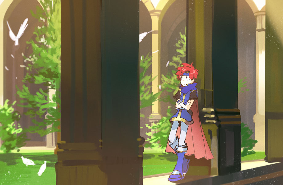 noki (affabile), roy (fire emblem), fire emblem, fire emblem: the binding blade, nintendo, 1boy, armor, bird, blue armor, blue eyes, blue tunic, crossed arms, grass, pillar, red hair, tree, tunic