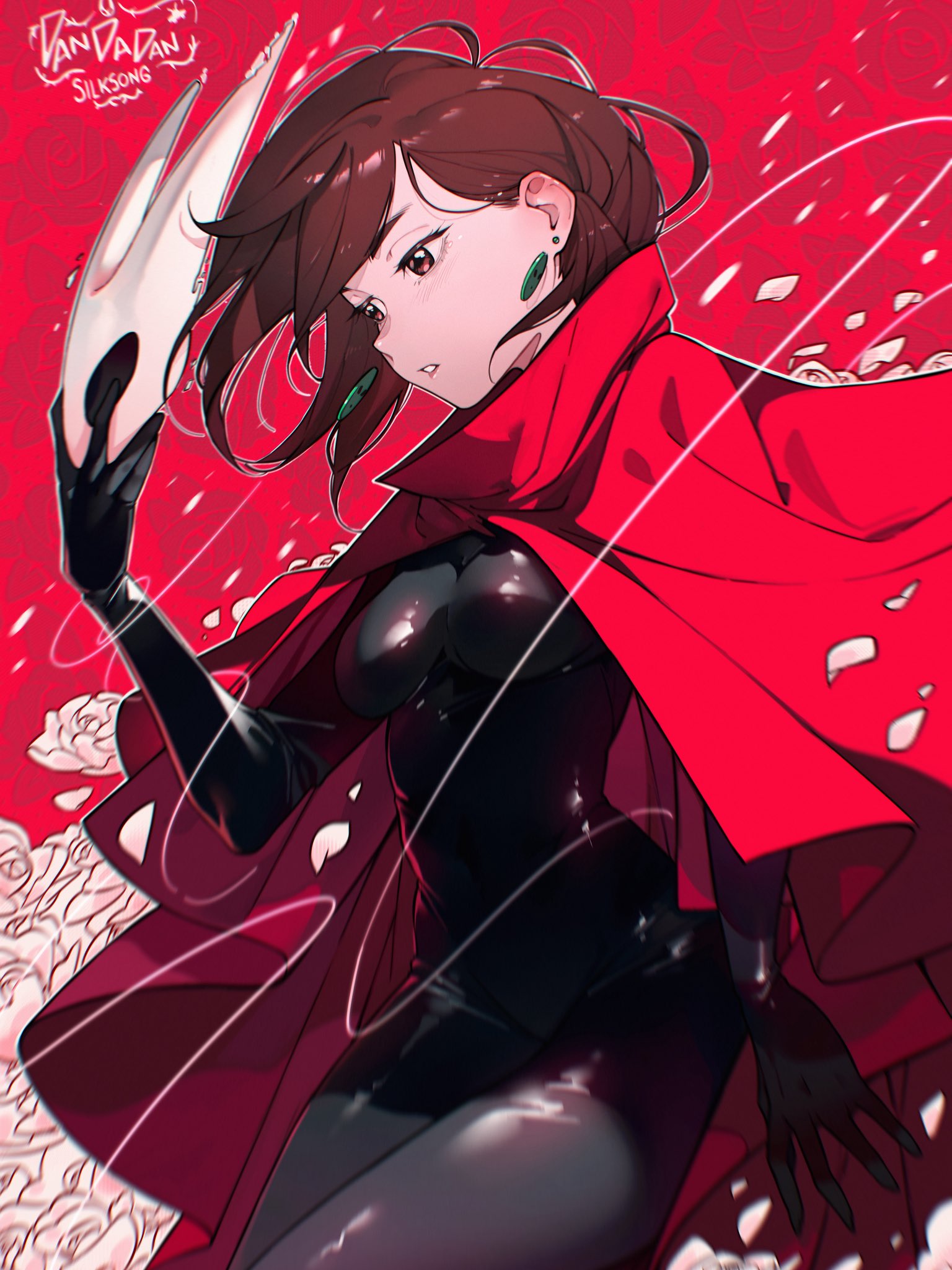 cesar art456, ayase momo, hornet (hollow knight), dandadan, hollow knight, hollow knight: silksong, commentary request, highres, 1girl, bodystocking, breasts, brown eyes, brown hair, cloak, copyright name, cosplay, cowboy shot, earrings, falling petals, floating hair, flower, holding, holding mask, horned mask, hornet (hollow knight) (cosplay), jewelry, light blush, looking down, mask, medium breasts, parted lips, petals, red background, red cloak, rose, rose petals, short hair, solo, spanish commentary, standing, white flower, white rose, wire