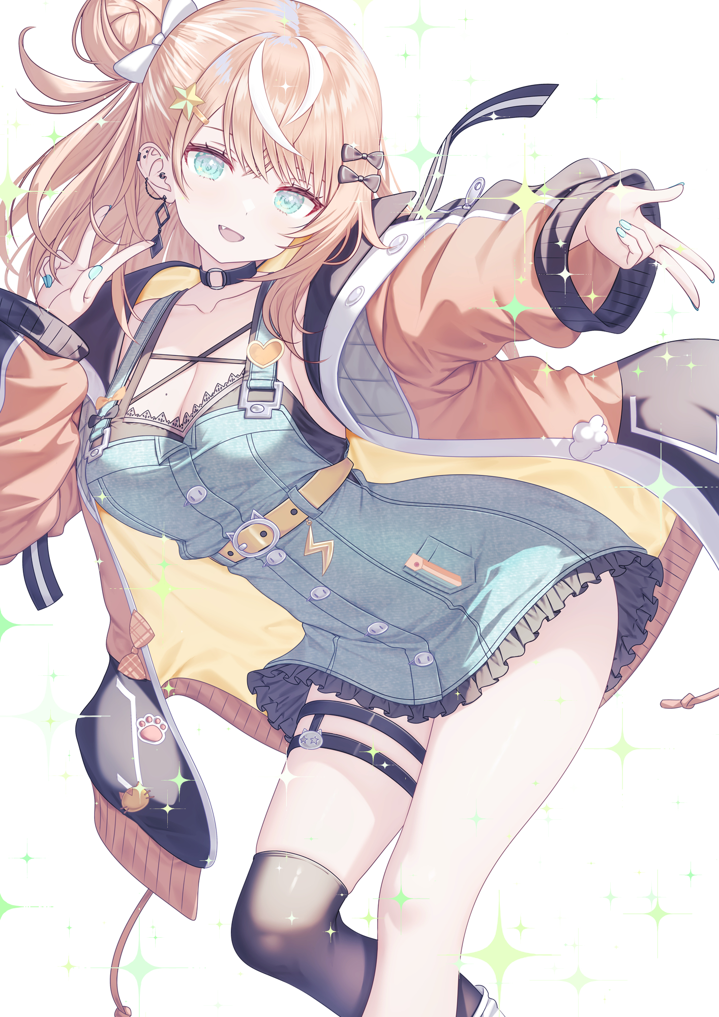 zzz (zzz00166403zzz), igarashi rika, nijisanji, highres, 1girl, aqua dress, aqua nails, belt, black bow, black choker, blue dress, bow, braid, breasts, choker, cleavage, dress, earrings, fang, frills, hair bow, jacket, jewelry, long hair, looking at viewer, o-ring, o-ring choker, open clothes, open jacket, open mouth, orange jacket, smile, solo, sparkle, thigh strap, v, virtual youtuber, white background, yellow belt