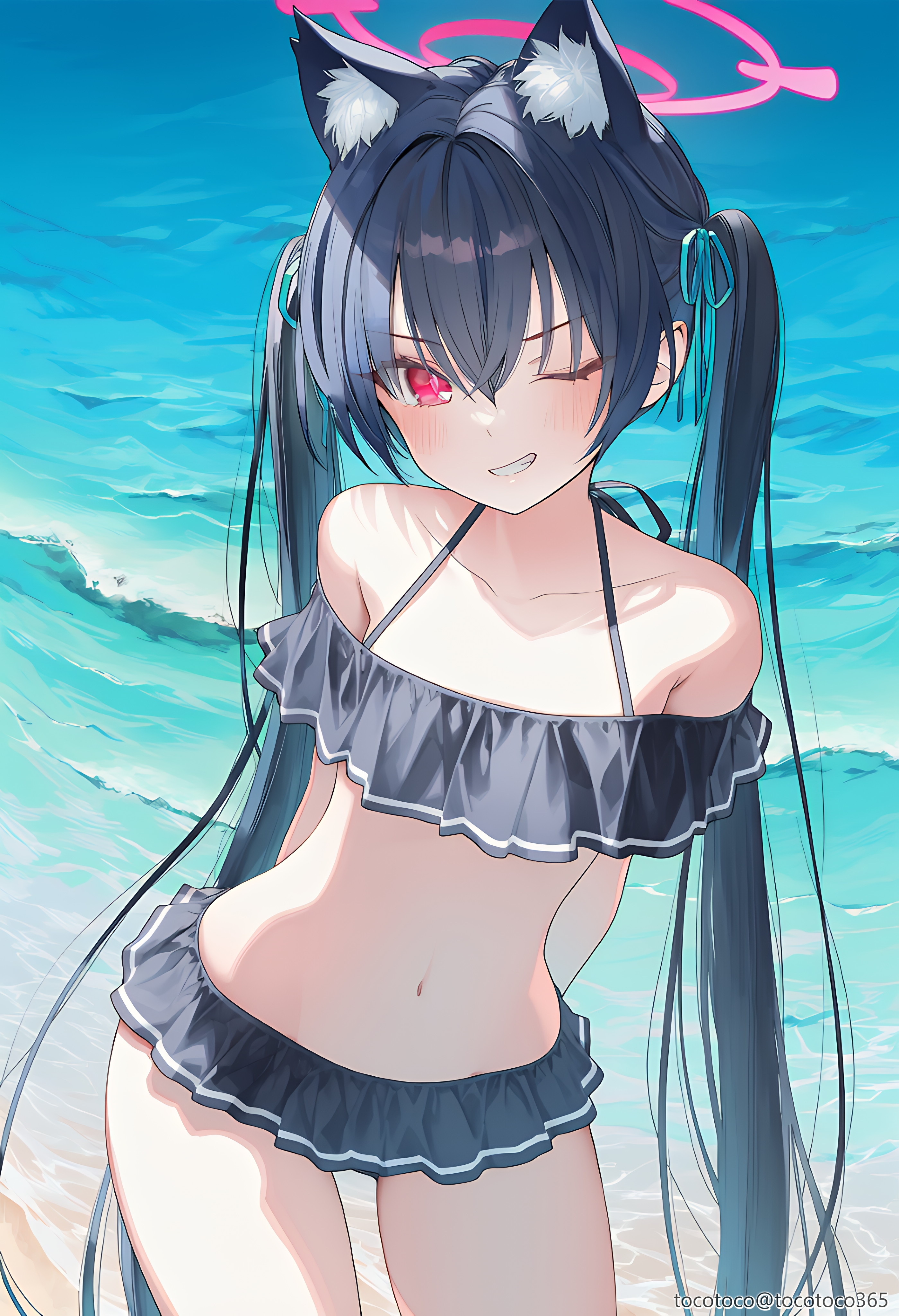tocotoco365, serika (blue archive), blue archive, absurdres, highres, 1girl, aqua ribbon, arms behind back, bare shoulders, beach, bikini, black bikini, black hair, blush, collarbone, frilled bikini, frills, grin, hair between eyes, hair ribbon, long hair, looking at viewer, navel, ocean, off-shoulder bikini, off shoulder, official alternate costume, one eye closed, outdoors, red eyes, ribbon, smile, solo, stomach, swimsuit, twintails, very long hair, water