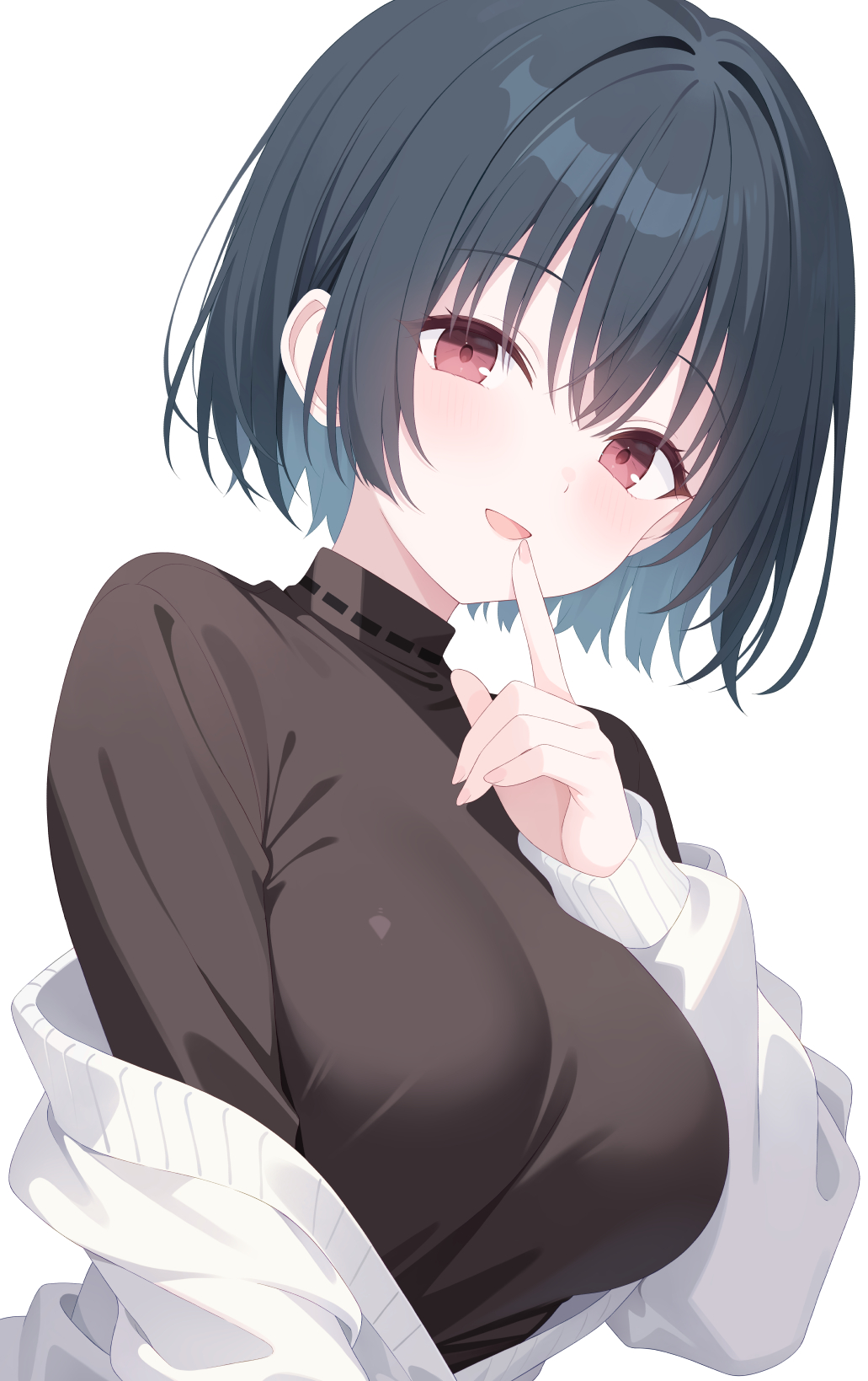 megimegyo, original, highres, 1girl, black hair, black shirt, blush, breasts, cardigan, finger to mouth, hair between eyes, jacket, large breasts, long sleeves, looking at viewer, medium breasts, off shoulder, open clothes, open mouth, red eyes, shirt, short hair, simple background, smile, solo, sweater, upper body, white background, white cardigan, white jacket