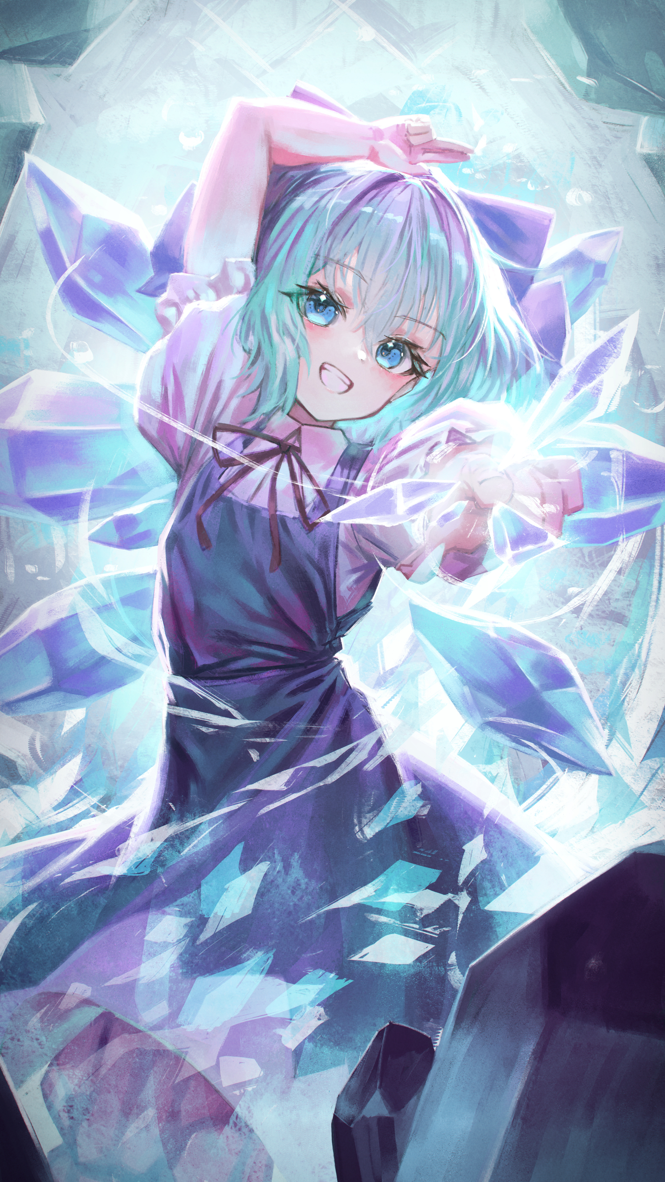 nepperoni, cirno, touhou, absurdres, commentary, highres, 1girl, arm up, blue bow, blue dress, blush, bow, cirno day, cowboy shot, dress, grin, hair bow, hand up, ice, ice wings, incoming attack, looking at viewer, neck ribbon, pointing, pointing at viewer, puffy short sleeves, puffy sleeves, red ribbon, ribbon, shirt, short dress, short sleeves, smile, solo, white shirt, wings