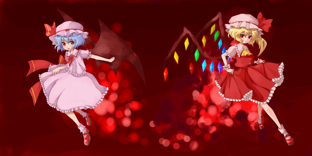 miya (tsumazukanai), flandre scarlet, remilia scarlet, touhou, 2girls, bat wings, dress, female focus, gradient background, hat, mob cap, multiple girls, siblings, sisters, skirt, socks, wings