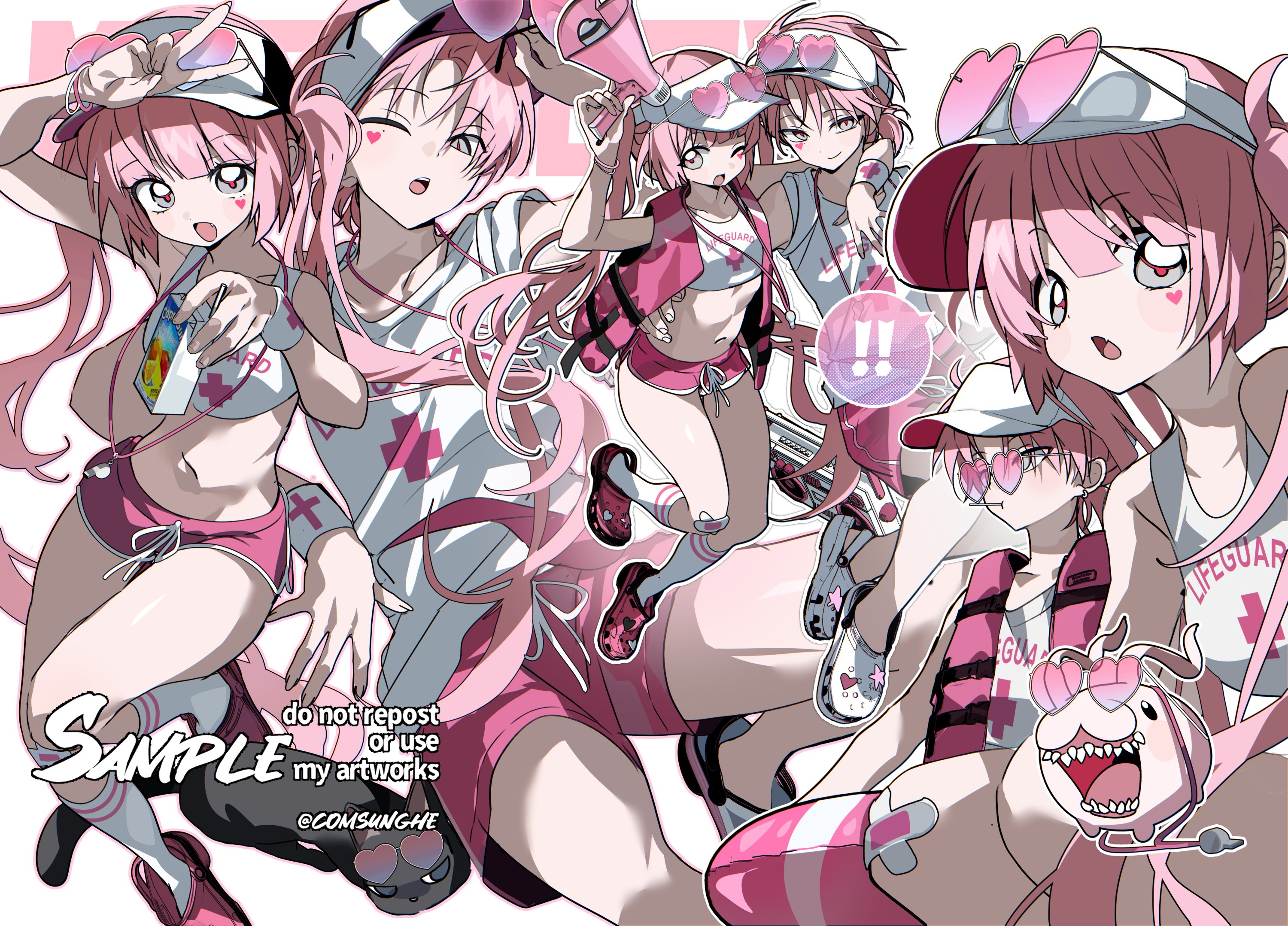 chu yeon, original, 1boy, 1girl, baseball cap, drink, hat, heart, heart-shaped eyewear, multiple views, navel, pink hair, pink shorts, shorts, v