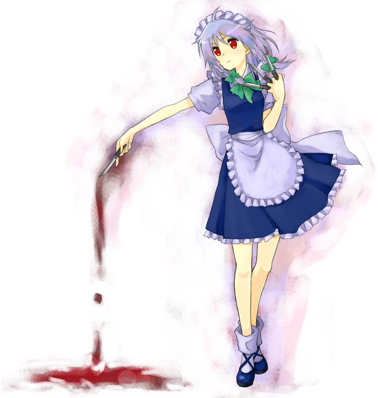 miya (tsumazukanai), izayoi sakuya, embodiment of scarlet devil, touhou, silver hair, 1girl, between fingers, blood, female focus, holding, knife, maid, red eyes, solo, throwing knife, weapon