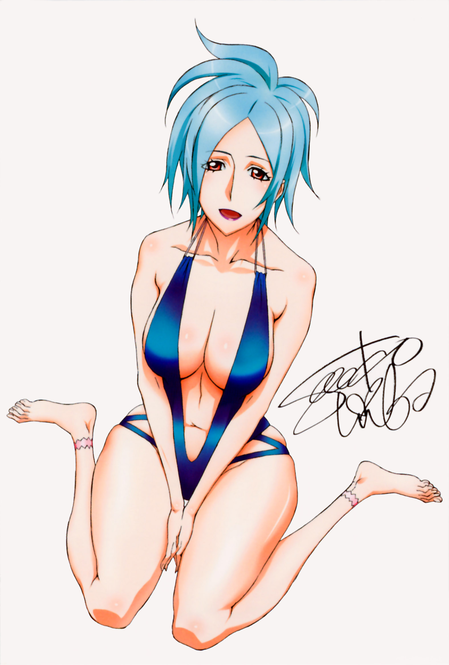 uno makoto, widow (dragonaut), dragonaut, light blue hair, highres, 00s, 1girl, barefoot, blue hair, breasts, cleavage, female focus, hip focus, kneeling, large breasts, lipstick, looking at viewer, makeup, red eyes, short hair, sitting, slingshot swimsuit, solo, swimsuit, wariza, wide hips