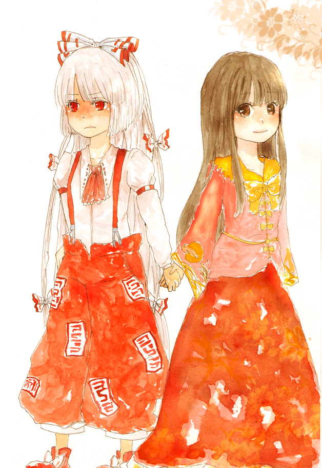 chiri (o9o9), fujiwara no mokou, houraisan kaguya, touhou, silver hair, 2girls, black hair, blunt bangs, collared shirt, female focus, long sleeves, looking at viewer, multiple girls, ofuda, pants, red eyes, shaded face, shirt, simple background, standing, suspenders, white background, white shirt
