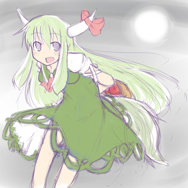 morino harifu, ex-keine, kamishirasawa keine, touhou, 1girl, female focus, gradient background, grey background, horn ornament, horn ribbon, horns, outdoors, ribbon, sketch, sky, solo, standing