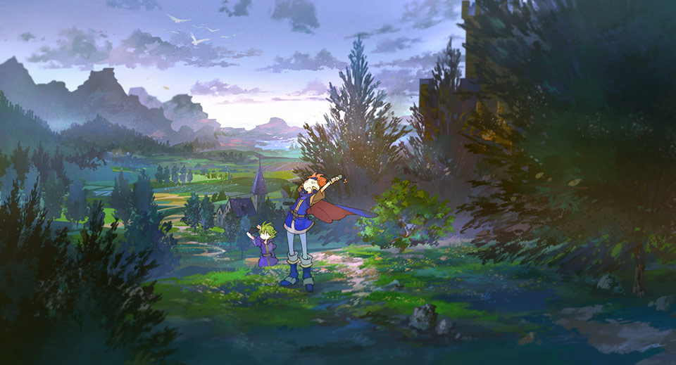 noki (affabile), roy (fire emblem), wolt (fire emblem), fire emblem, fire emblem: the binding blade, nintendo, 2boys, blue tunic, cloud, cloudy sky, green hair, house, mountainous horizon, multiple boys, outdoors, purple tunic, red hair, scenery, sky, tower, tree, tunic