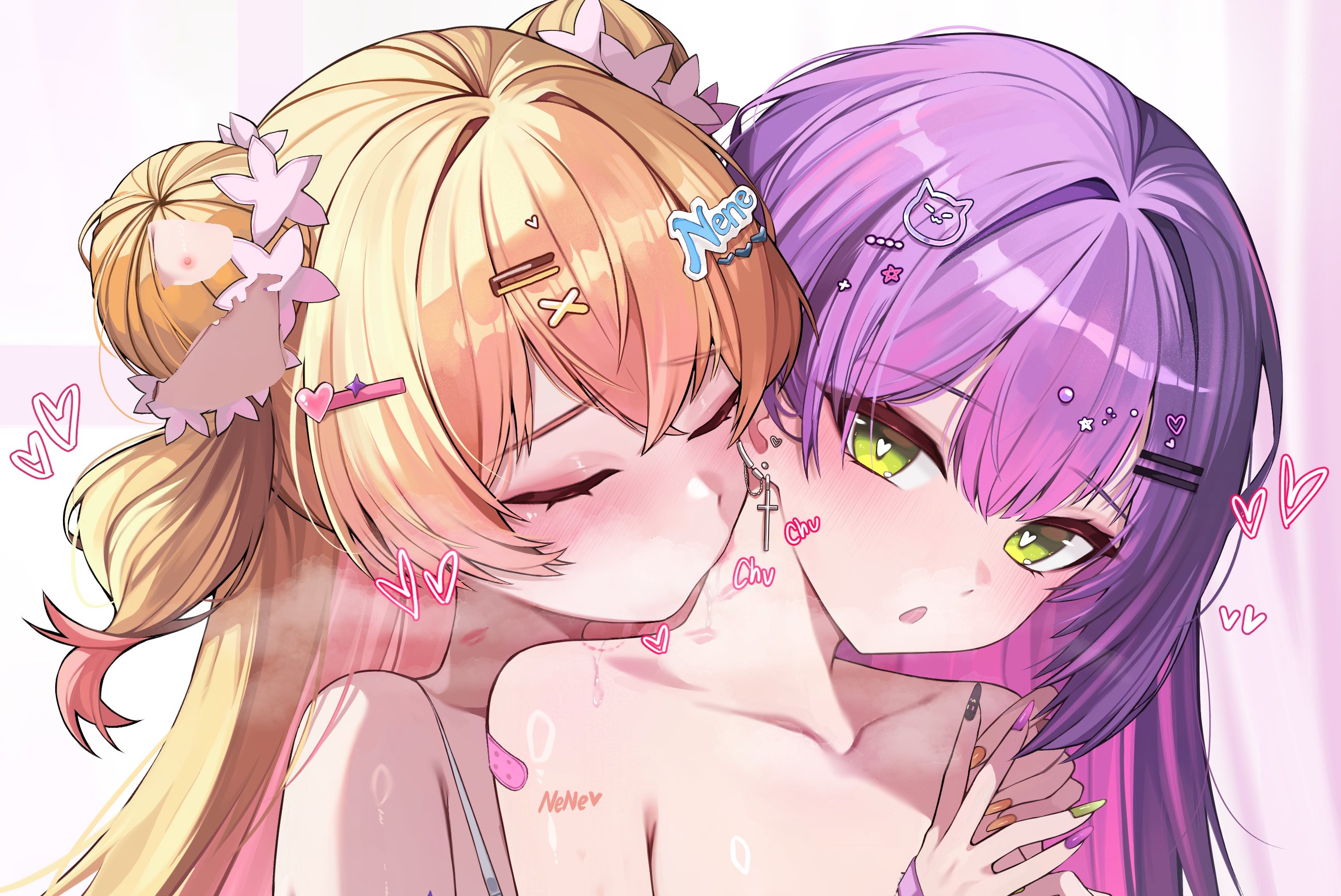 kkato, momosuzu nene, tokoyami towa, hololive, highres, 2girls, bandaid, bite mark, blonde hair, blush, closed eyes, collarbone, cross, cross earrings, earrings, green eyes, hair between eyes, hair bun, hair ornament, hairclip, heart, heart-shaped pupils, hickey, jewelry, kiss, kissing neck, long hair, multicolored hair, multicolored nails, multiple girls, nail polish, open mouth, orange nails, piercing, pink hair, purple hair, symbol-shaped pupils, virtual youtuber, x hair ornament, yuri