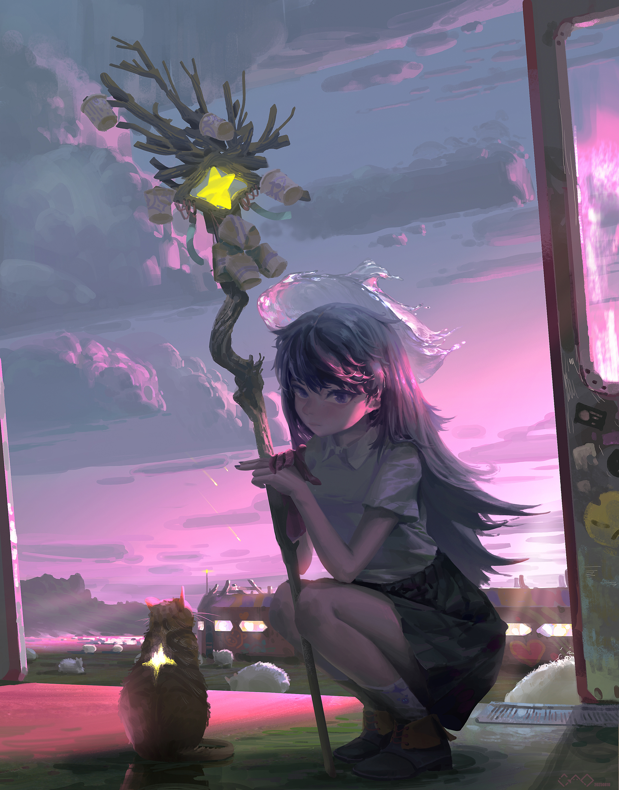 user pzsm2833, original, absurdres, highres, 1girl, black hair, boots, cat, closed mouth, cloud, cloudy sky, gloves, graffiti, holding, holding staff, long hair, low detail, magic, magical girl, meteor, meteor shower, purple eyes, purple sky, red gloves, scenery, school uniform, sheep, sitting, skirt, sky, socks, solo, squatting, staff, star (symbol), star print, thick eyelashes, train, water halo, white socks, wooden staff