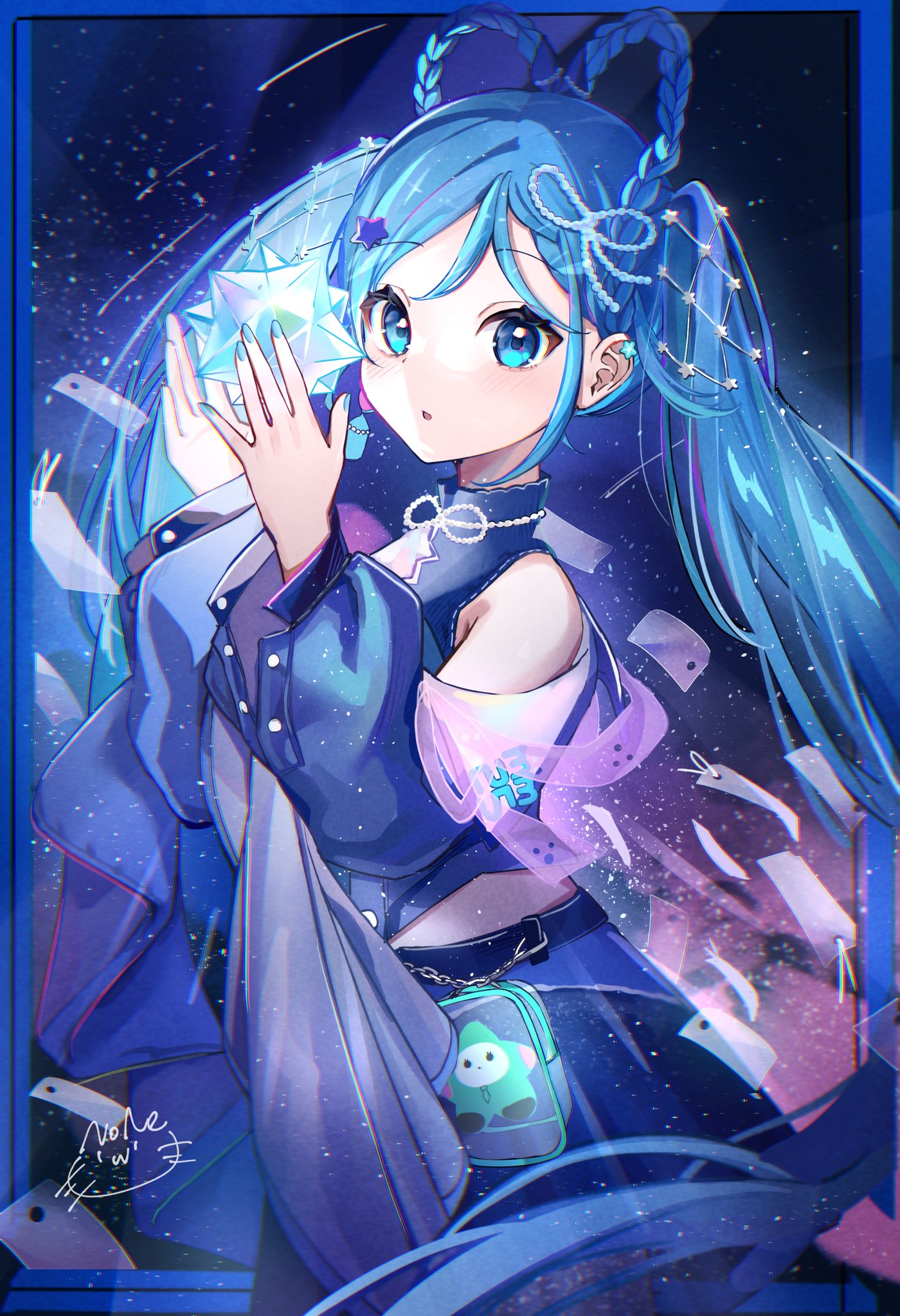noneon319, hatsune miku, magical mirai miku, magical mirai miku (2025), magical mirai (vocaloid), highres, 1girl, blue eyes, blue hair, blue nails, earrings, hair ornament, jewelry, long hair, long sleeves, looking at viewer, solo, star (sky), star (symbol), star hair ornament, twintails