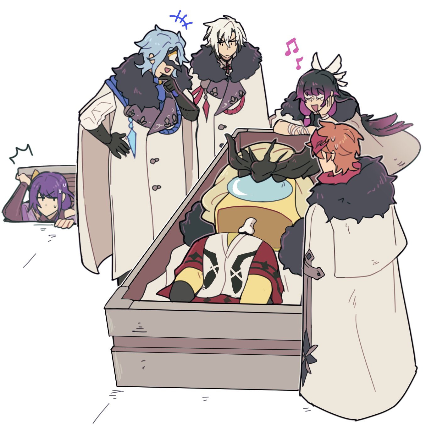netoii, arlecchino (genshin impact), columbina (genshin impact), crewmate (among us), dottore (genshin impact), raiden shogun, signora (genshin impact), tartaglia (genshin impact), among us, genshin impact, highres, +++, 2boys, 3girls, ^^^, black hair, blue hair, bone, brown hair, coat, corpse, cosplay, crossover, eye mask, fur collar, gloves, grey hair, hand on own hip, jitome, long hair, long sleeves, looking at another, mask, mask on head, multicolored hair, multiple boys, multiple girls, musical note, nervous sweating, purple hair, short hair, signora (genshin impact) (cosplay), sitting, standing, sweat, two-tone hair, v-shaped eyebrows, very long hair