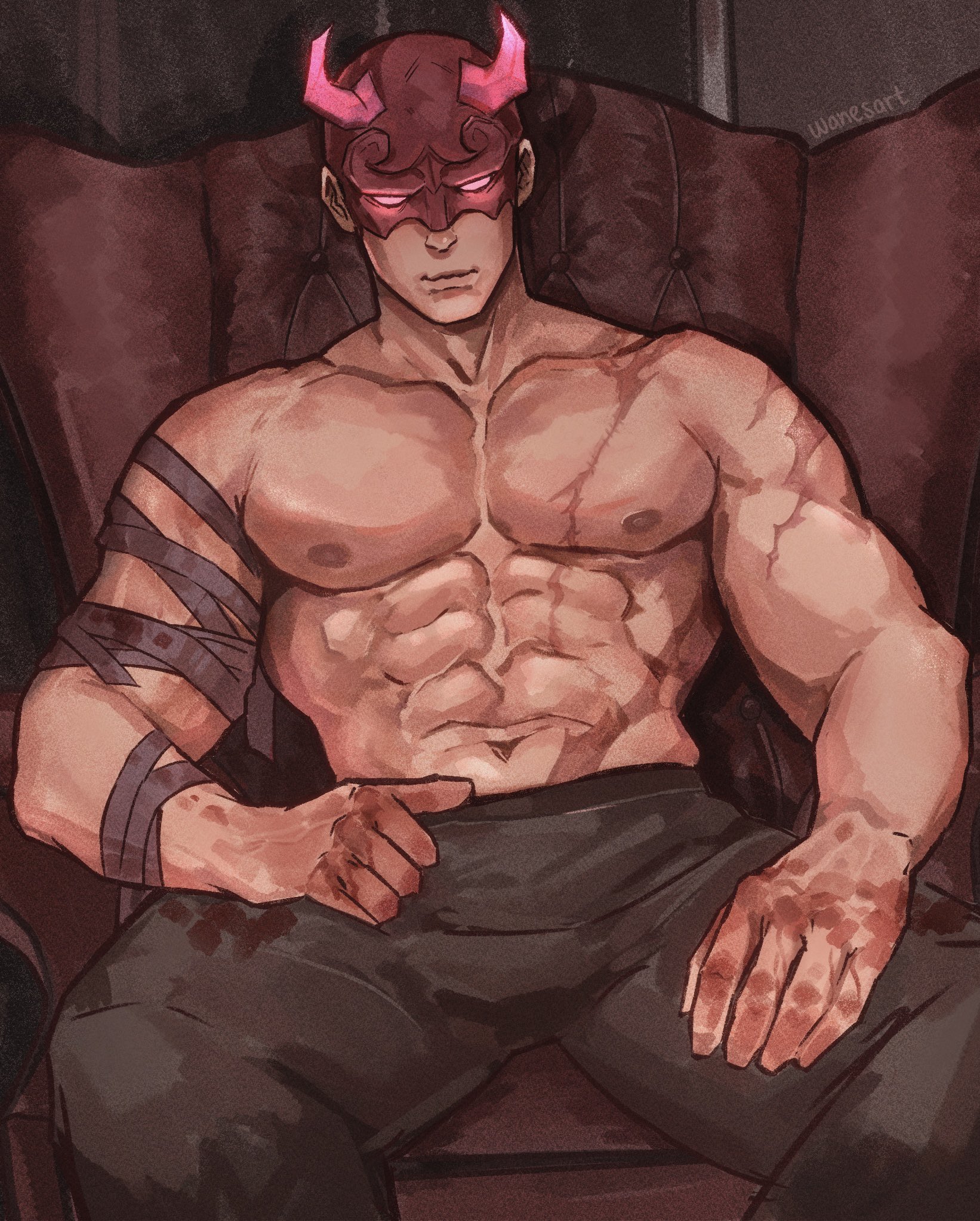 daredevil, marvel, marvel rivals, highres, 1boy, abs, blind, blood, couch, horns, male focus, mask, muscular, navel, pants, red eyes, scar, solo, superhero costume, wanesart