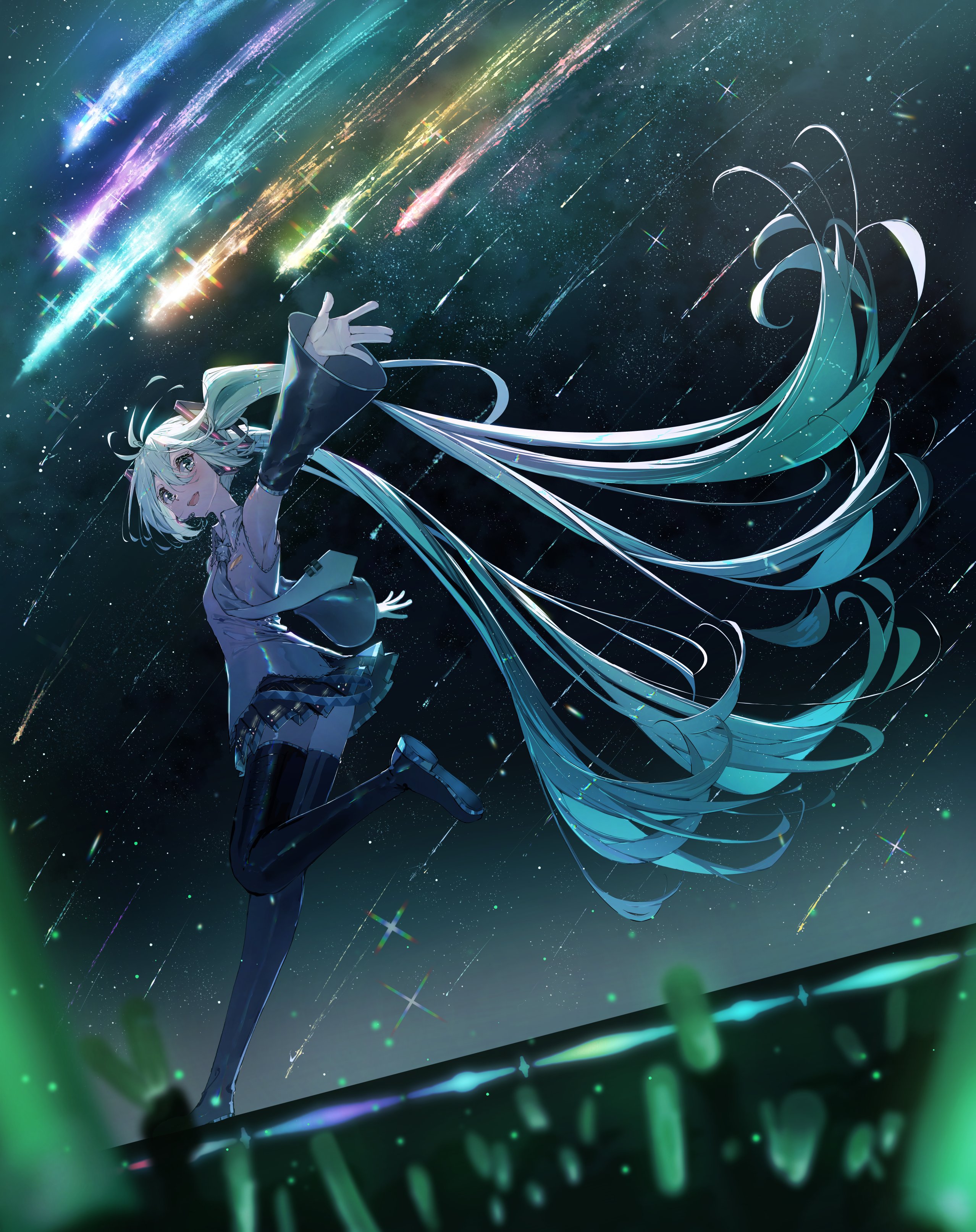 masii1120, hatsune miku, vocaloid, absurdres, highres, 1girl, aqua eyes, aqua hair, aqua necktie, armpits, black skirt, boots, detached sleeves, glowstick, headset, long hair, meteor shower, necktie, night, night sky, open mouth, pleated skirt, shirt, shooting star, skirt, sky, sleeveless, sleeveless shirt, smile, solo, spring onion, standing, standing on one leg, star (sky), starry sky, thigh boots, thighhighs, twintails, very long hair