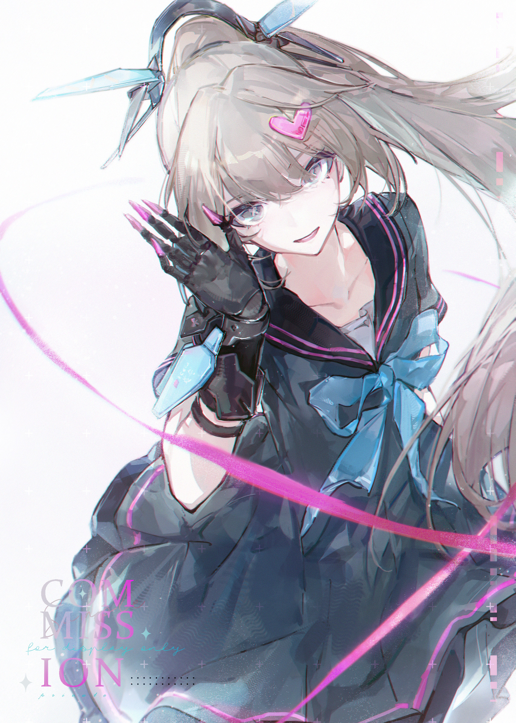 zeyal li hai, nanami: pulse (pgr), nanami (pgr), punishing: gray raven, highres, 1girl, black dress, black sailor collar, black serafuku, blue bow, blue bowtie, bow, bowtie, dress, grey eyes, grey hair, hair ornament, headgear, heart, heart hair ornament, long hair, looking at viewer, mechanical hands, parted lips, pink nails, ponytail, sailor collar, school uniform, serafuku, solo